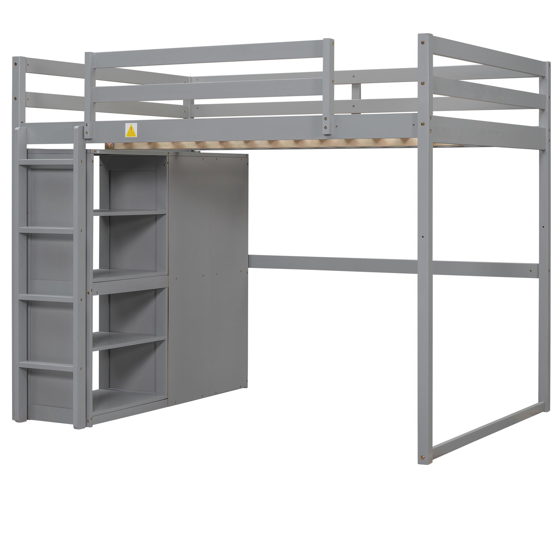 Wood Full Size Loft Bed With Built In Wardrobe And Storage Shelves, Led Light, Gray Box Spring Not Required Full Gray Wood Bedroom Bed Frame Solid Wood Mdf