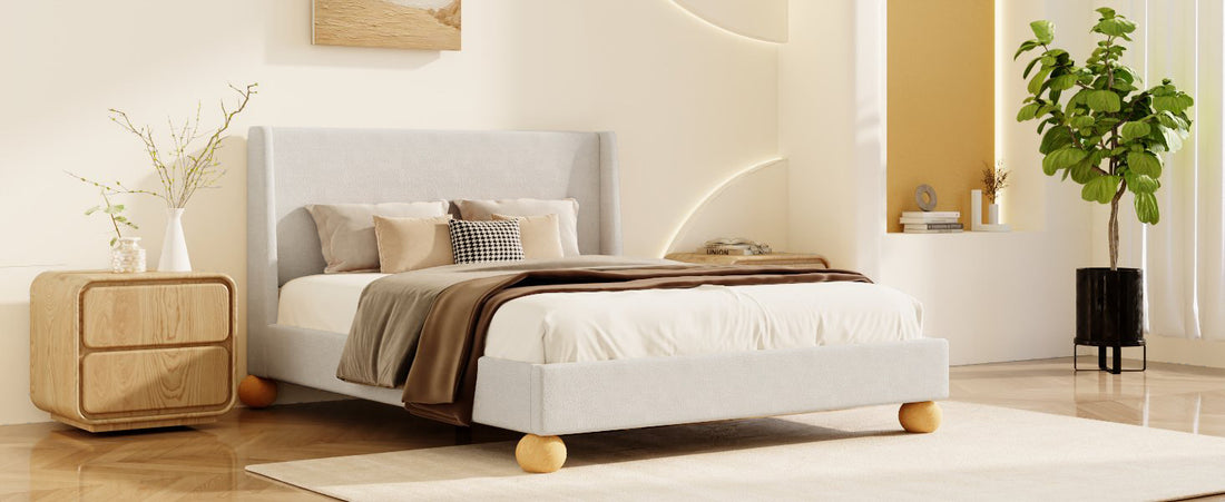 Modern Boucle Upholstered Platform Bed With Wingback Headboard And Round Wooden Legs, Beige,Queen Size Old Sku:Bs531851Aab Box Spring Not Required Queen Beige Wood Bedroom Modern Bed Frame Boucle