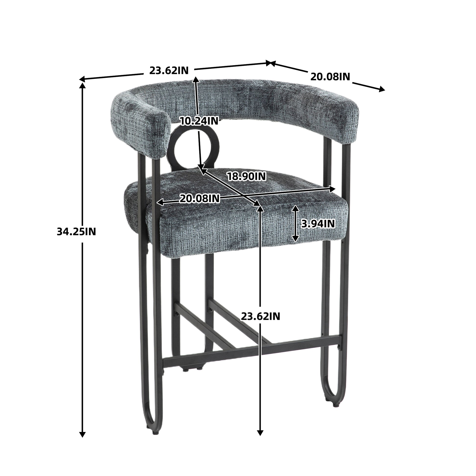 Coolmore Bar Stools Set Of 2, Modern Bar Stool With Back, Black Metal Frames, Upholstered Bar Stools For Kitchen Island, Pub, Club Gray Chenille Gray Foam Chenille