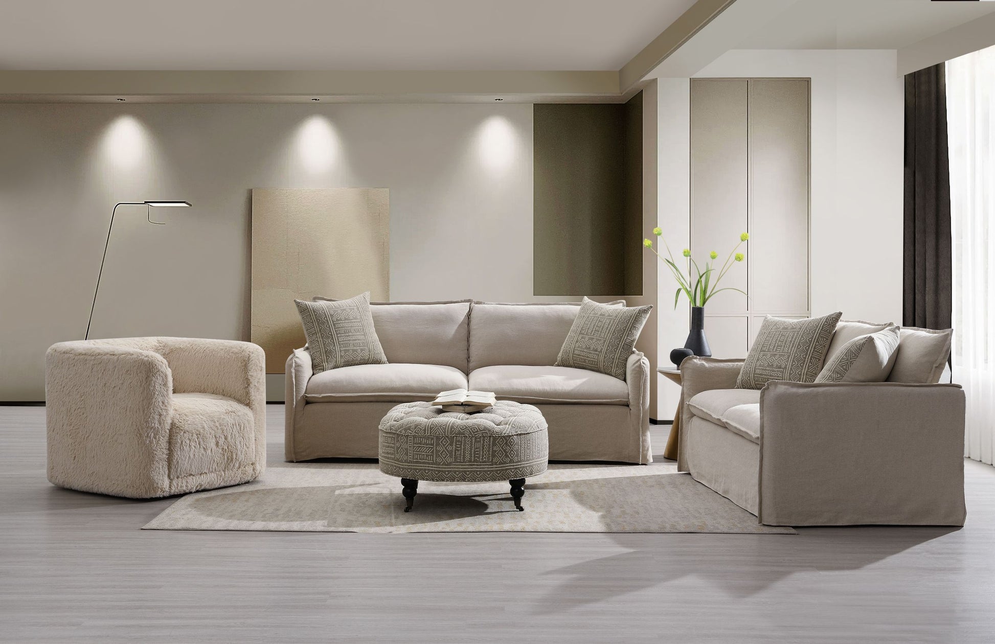 Grey Ottoman With Casters Grey Wood Primary Living Space Backless Pattern Grey Round Armless Fabric Metal