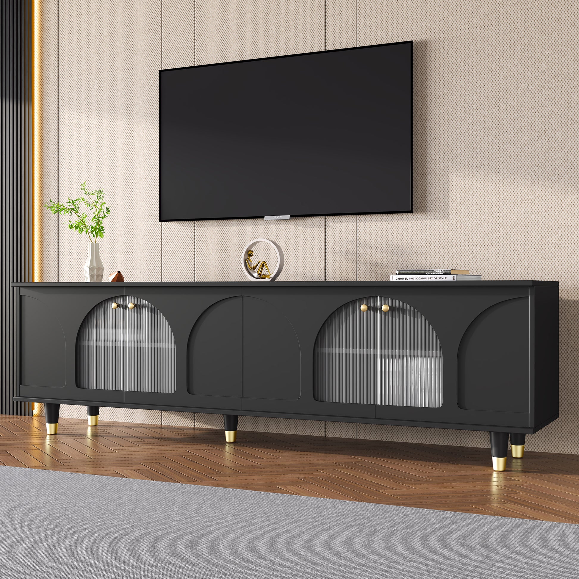 Contemporary Tv Stand With Adjustable Shelves For Tvs Up To 78'', Stylish Media Console With Gold Handles And Arch Fluted Glass Doors, Delicate Entertainment Center For Living Room, Black Black