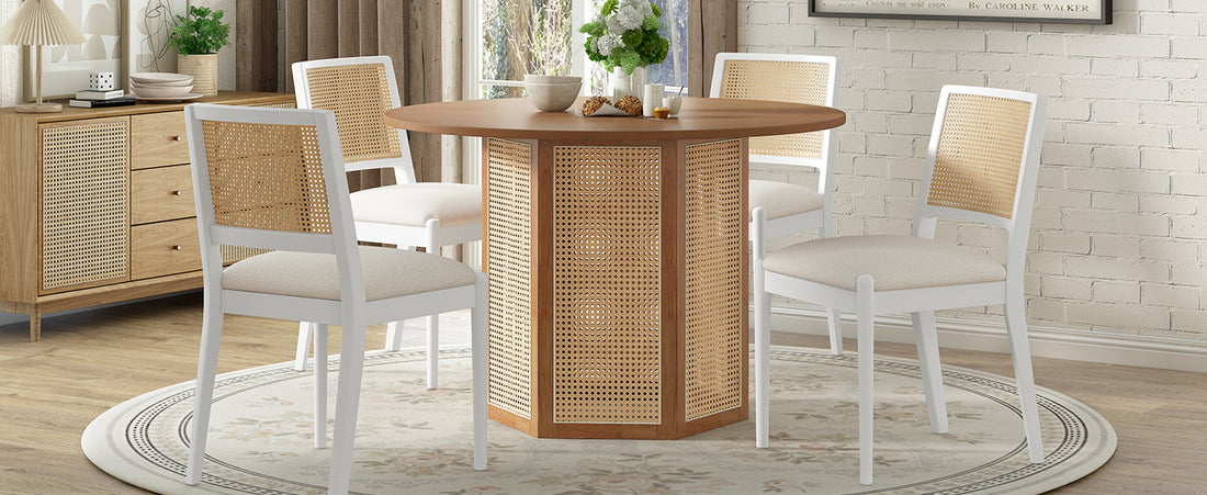 5 Piece Rattan Round Dining Table Set, Wood Table With Hexagonal Base And Upholstered Chairs For Dining Room, Kitchen,Indoor Use, White Beige Wood Dining Room Solid Wood Rubberwood Round Dining Table With Chair Wood Wood White Seats 4 Traditional Round