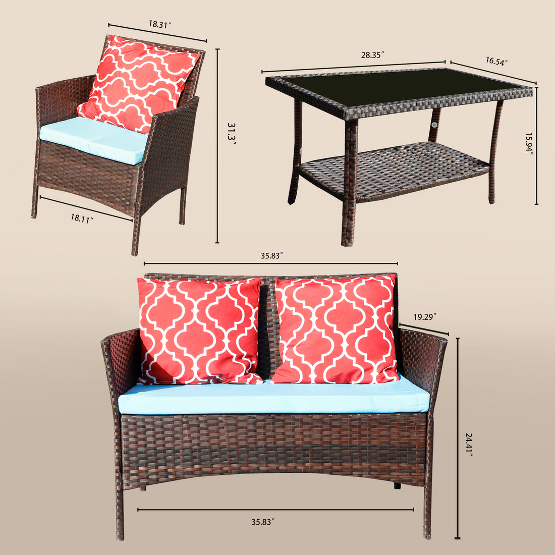 Four Piece Sofa Set Table With Sofa Chair Pe Rattan Outdoor Furniture Hy4 001 Box *1 With Emerald Green Color Cushion Yes Brown Uv Resistant Frame Water Resistant Cushion Iron