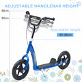 Homcom Kick Scooter For Kids 5 12 Years Old, Big Wheel Kids Scooter With Adjustable Height Handlebar, Non Slip Footplate, Rear Brake, Blue Blue Steel