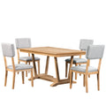 Rustic 5 Piece Dining Table Set With 4 Upholstered Chairs, 59 Inch Rectangular Dining Table With Trestle Table Base, Naural Wood Dining Room Solid Wood Rubberwood Rectangular Dining Table With Chair