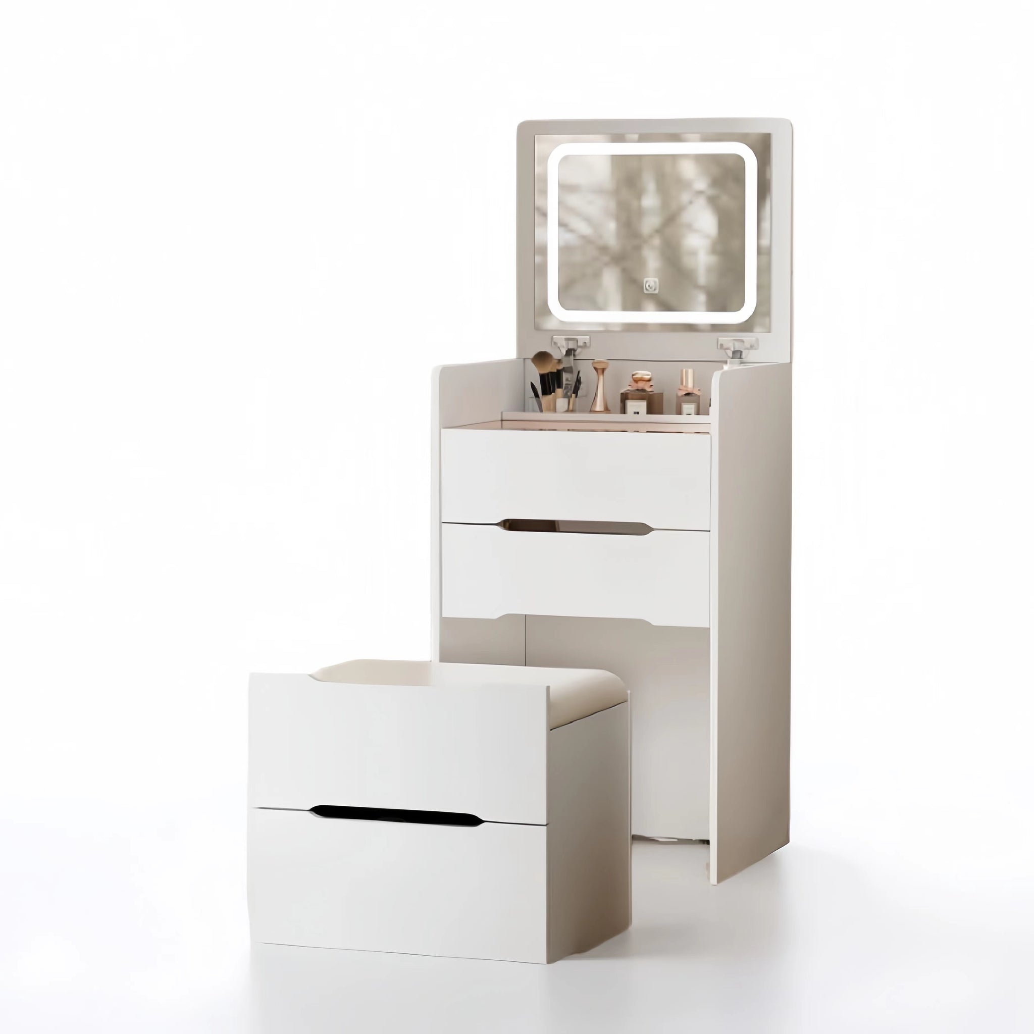 48Cm 3 In 1 Vanity Desk With Plip Top Mirror,Small Make Up Vanity Set With Visible Glass Desktop,Compact Makeup Vanity With 3 Drawers,Cushioned Tool,Dressing Table For Bedroom White Mdf Glass