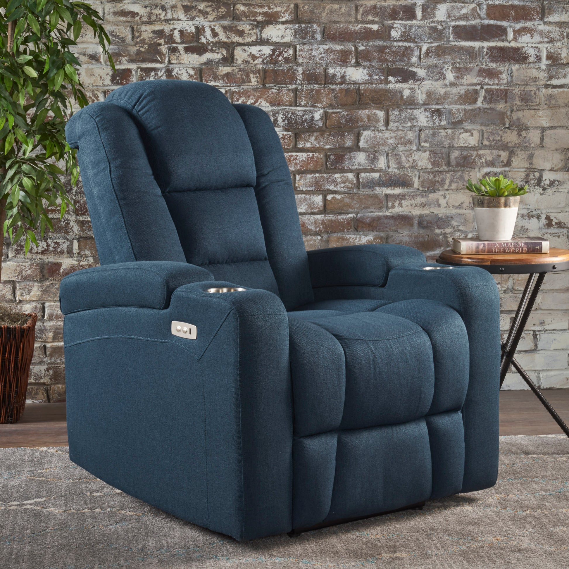 33" Wide Power Standard Recliner Chair With Arm Storage With Usb Navy Blue Fabric