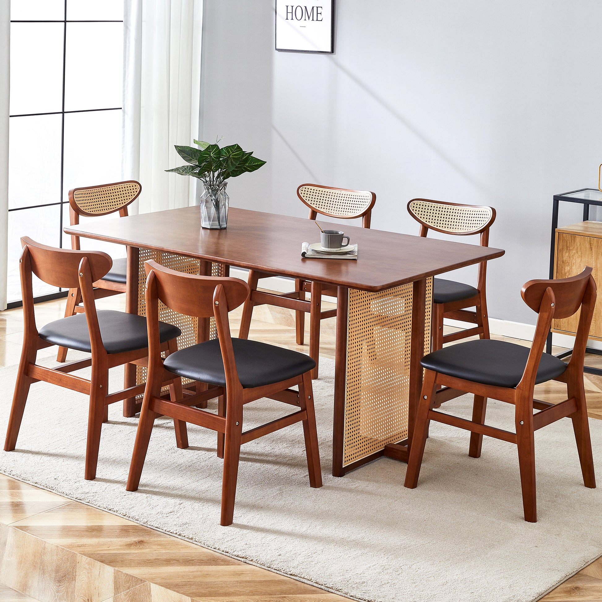 Table And Chair Set, Ancient Style Solid Wood Dining Table, Imitation Rattan Table Legs, Beautiful Simple Solid Wood Dining Chair, Perfect For Dinner, Meetings, Home And Office Decoration Walnut Rubber Wood
