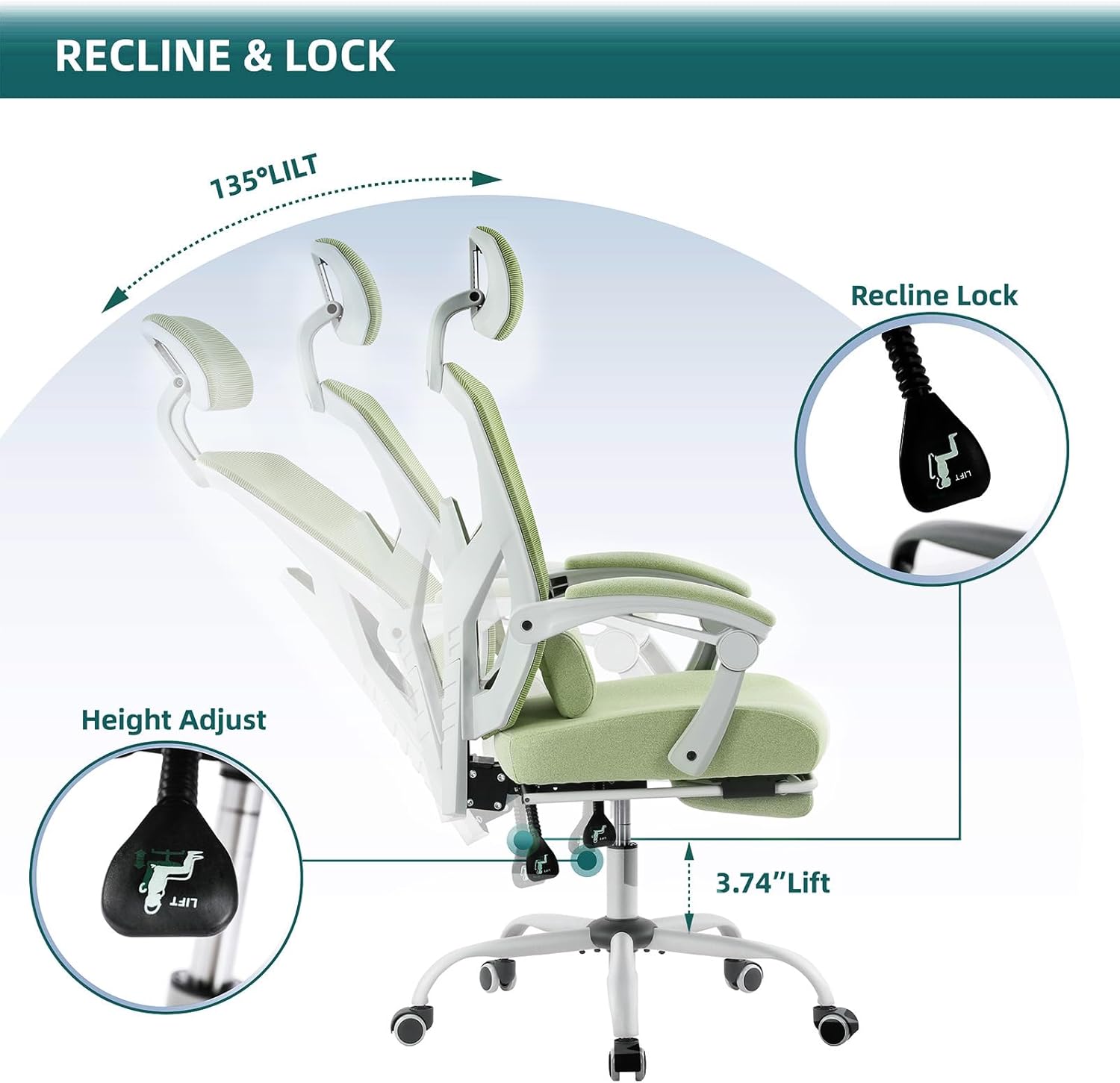 Retractable Footrest Ergonomic Swivel Office Chair With Lumbar Support Pillow And Padded Armrests, Green Green Metal