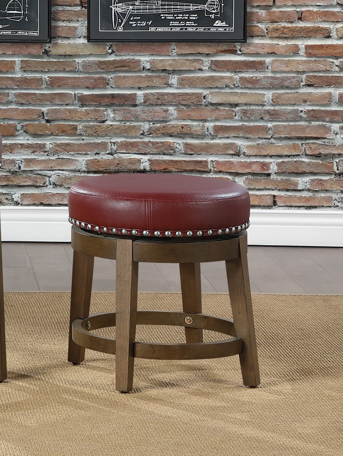 Round Swivel Stools Set Of 2, Red Faux Leather 360 Degree Swivel Seat Trim Solid Wood Frame Brown Finish Furniture Red Brown Dining Room Round Solid Wood