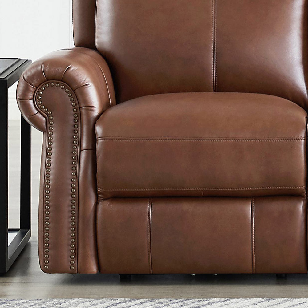 Royce Power Headrest Zero Gravity Reclining Sofa Brown Genuine Leather Wood Primary Living Space Medium Firm Tight Back Mid Century Modern Eucalyptus Rolled Arms Memory Foam Leather 3 Seat