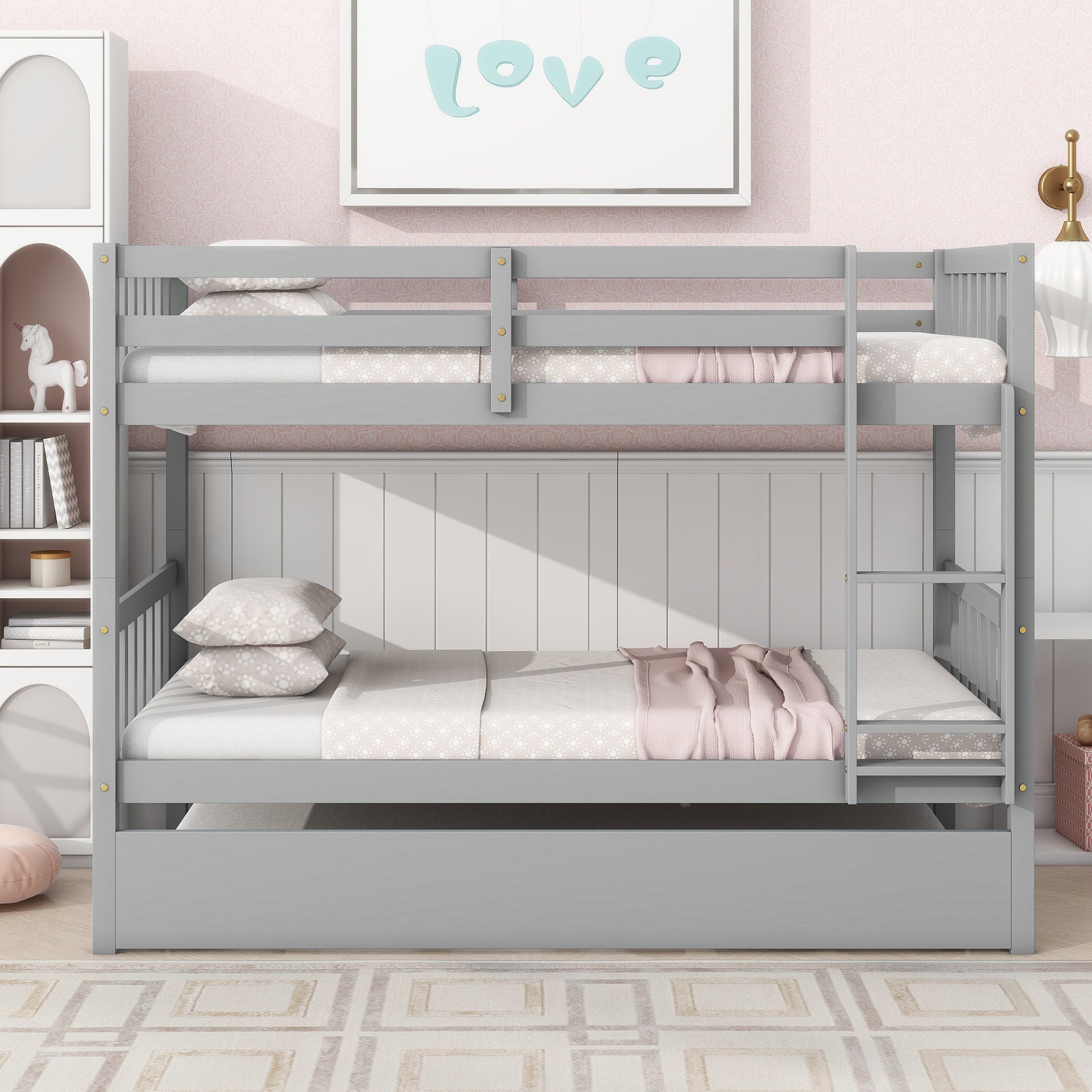 Twin Over Twin Rubber Wood Bunk Bed With Trundle, Convertible Into 2 Twin Size Beds, Twin Size Bunk Bed With Ladder And Safety Guardrails,Grey Twin Grey Rubber Wood