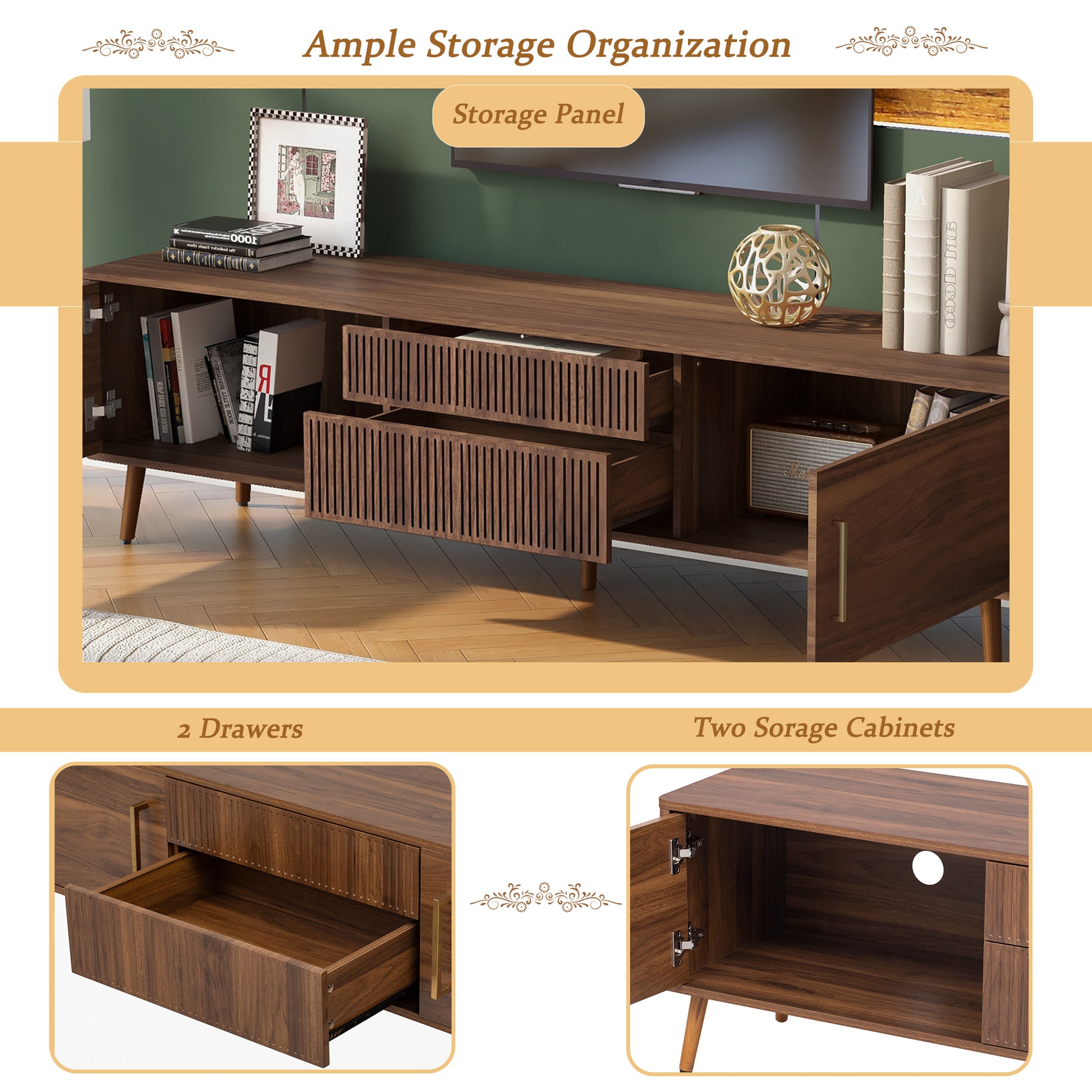 Mid Century Tv Stand With 2 Drawers, Media Console Table For Tvs Up To 80'', Entertainment Center With Storage For Living Room, Bedroom, Home Theatre Walnut Primary Living Space 70 79 Inches 70 79