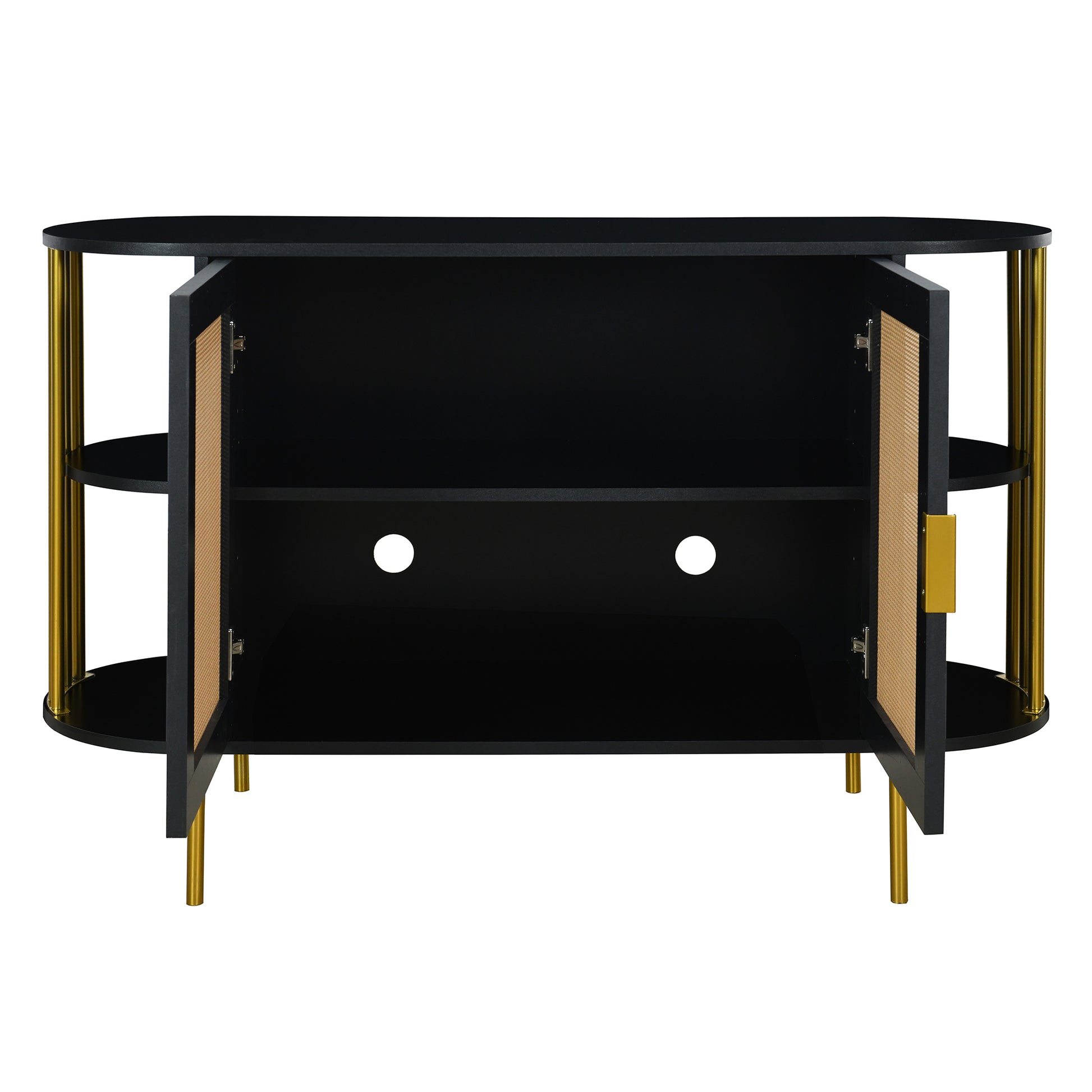 2 Door Elegant Curved Dining Cabinet With Gold Trim And Woven Rattan Doors For Dining Room Black Black Particle Board