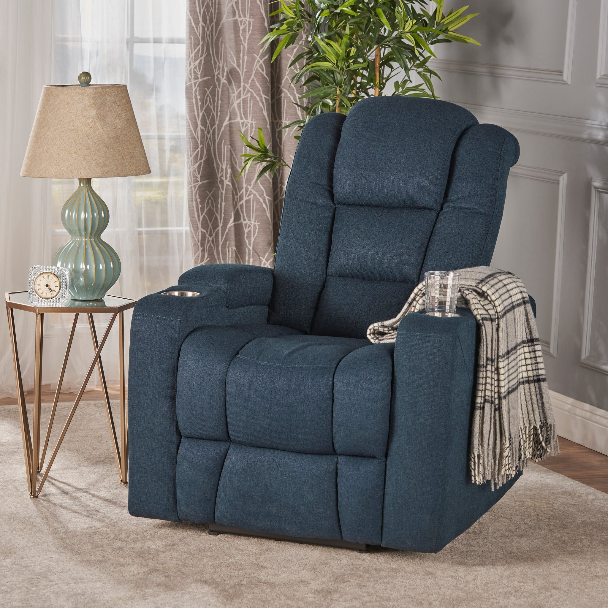 33" Wide Power Standard Recliner Chair With Arm Storage With Usb Navy Blue Fabric