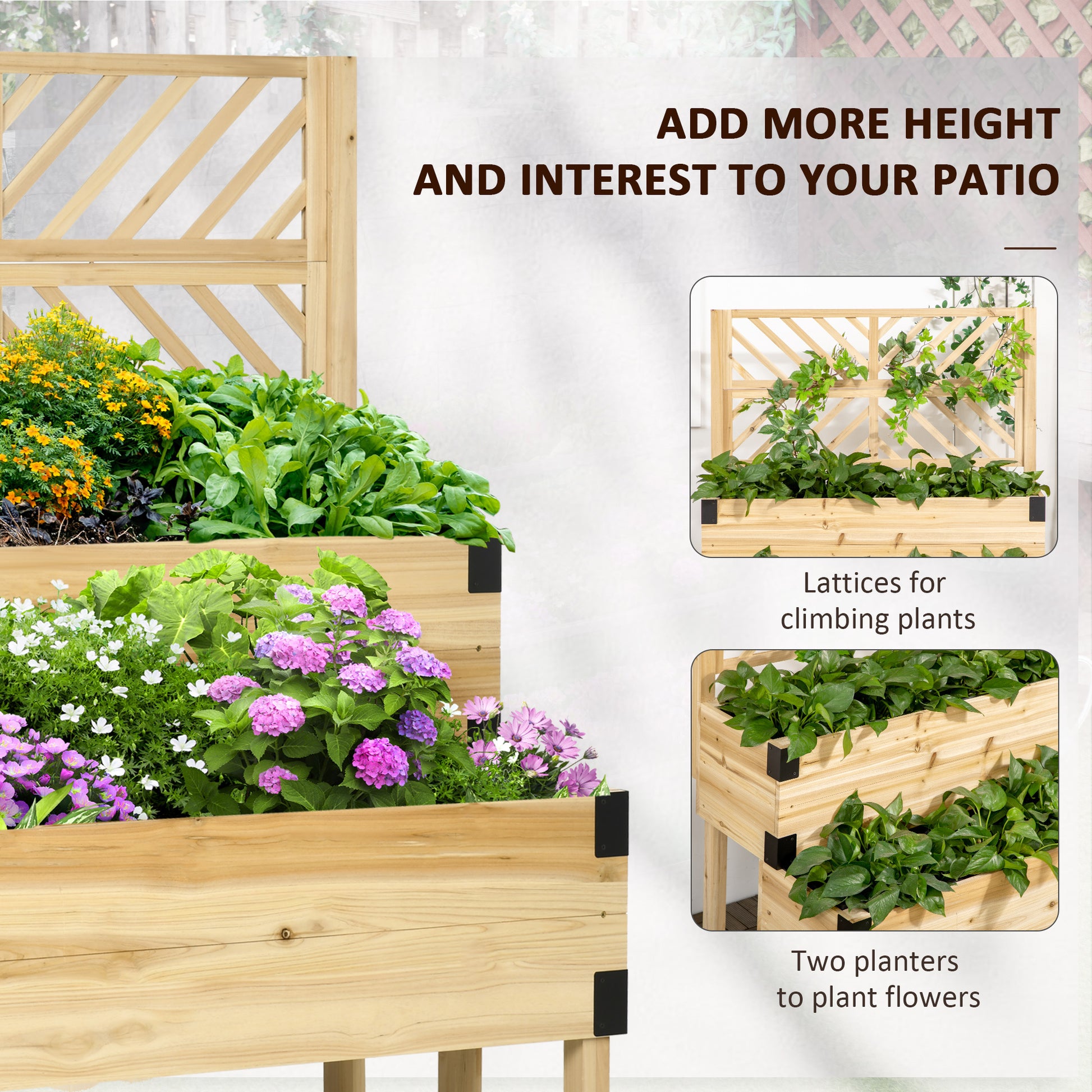 Outsunny Raised Garden Bed With Trellis, 2 Tier Wooden Elevated Planter Box With Legs And Metal Corners For Vegetables, Flowers, Herbs, Natural Natural Wood Wood