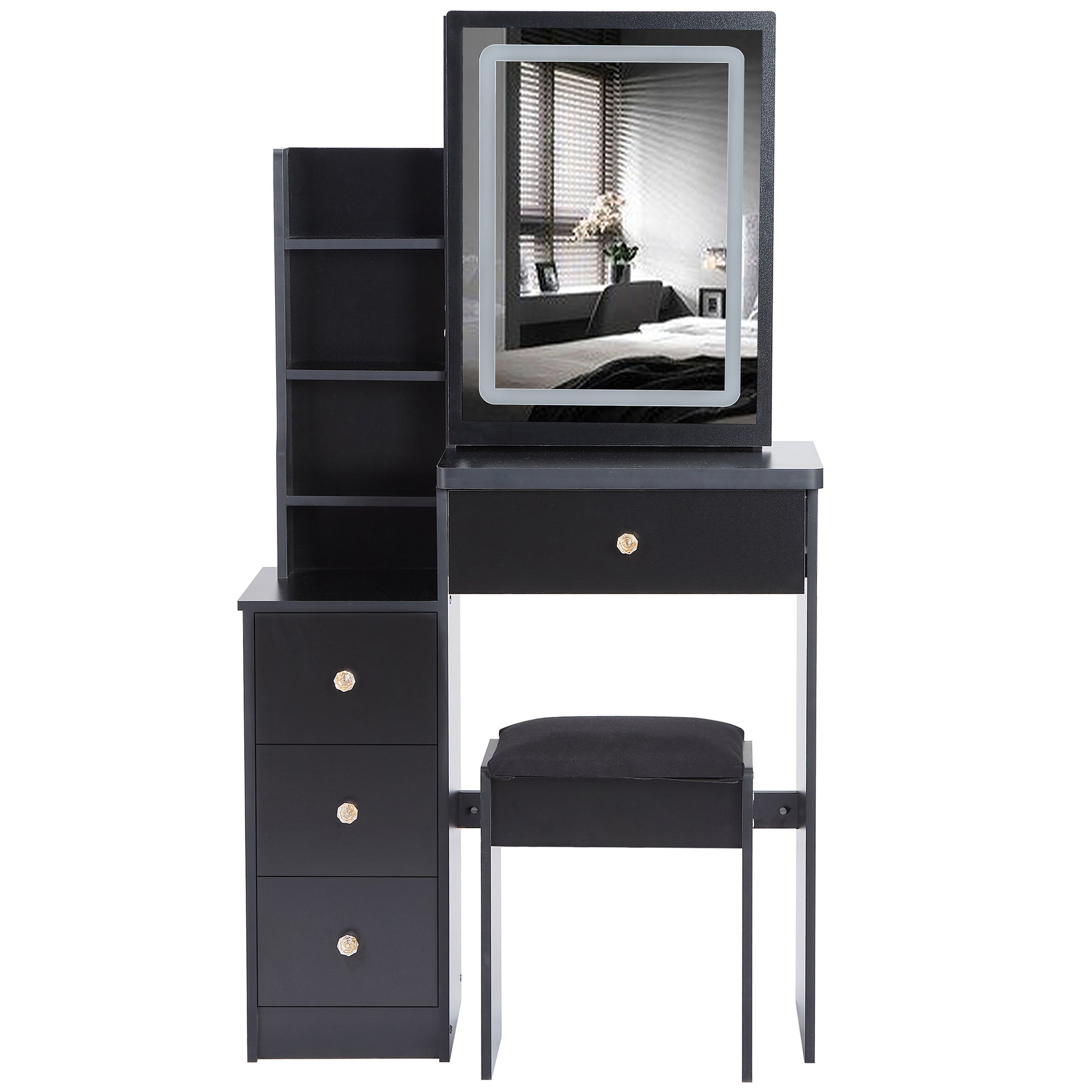 Small Size Left Bedside Cabinet Vanity Table Cushioned Stool, Touch Control Sliding Led Mirror, Tri Color Switching, Brightness Adjust, Multi Layer, Suitable For Small Space, Epa,Gcc,Ul Certificate