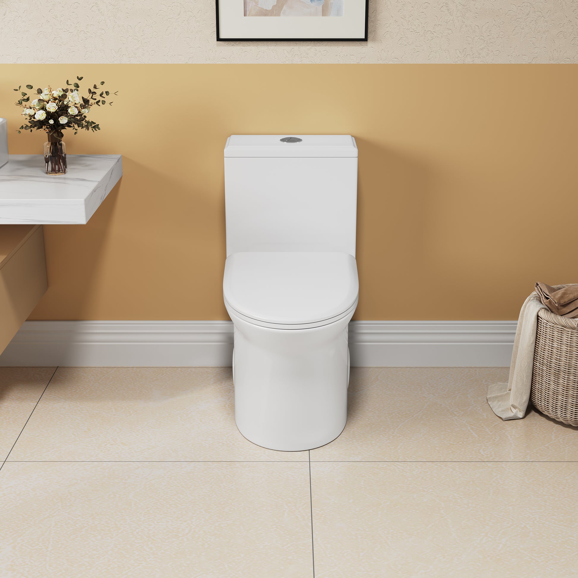 1.1 1.6 Gpf Elongated Comfort Height Super Quite Flushing Floor Mounted One Piece Toilet, Cupc Certified, Watersense Cetified, Ceramic, White Color, Soft Close Seat White Ceramic