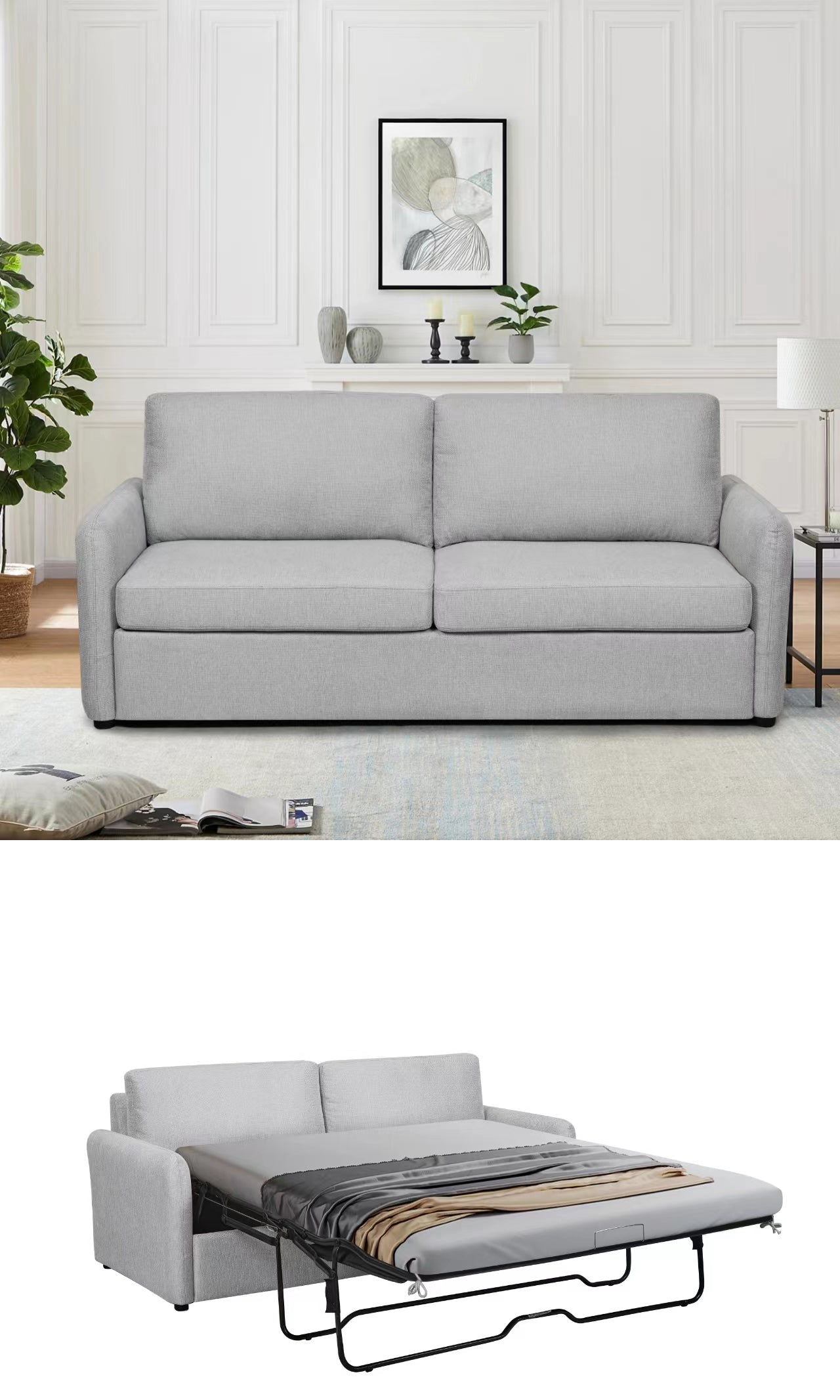 Queen Size Sleeper Sofa Pull Out Bed, Convertible Sofa Bed Couch 2 In 1, With Foam Mattress For Living Room, Dark Grey Light Grey Fabric 3 Seat