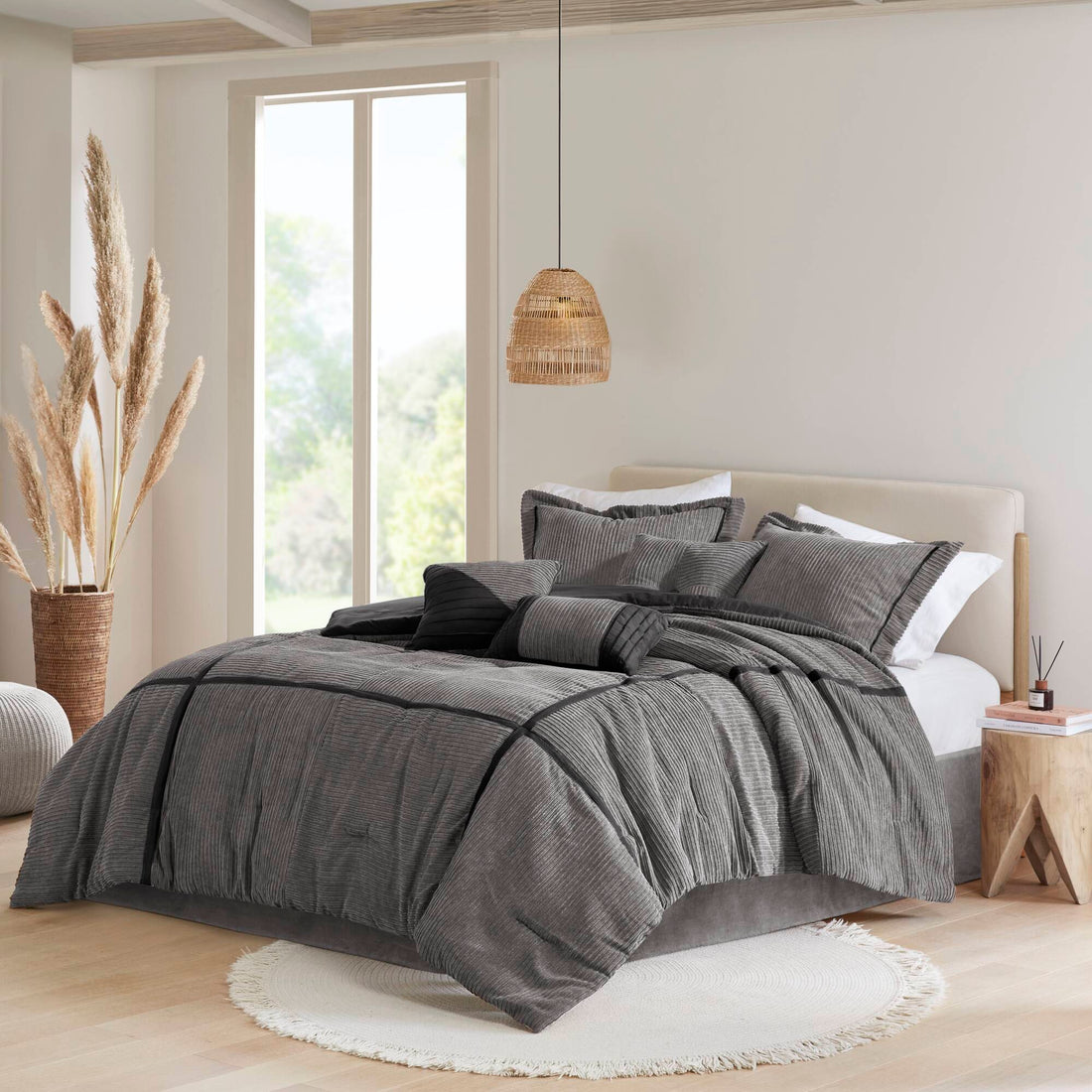 7 Piece Micro Corduroy Comforter Set Grey King Grey Polyester