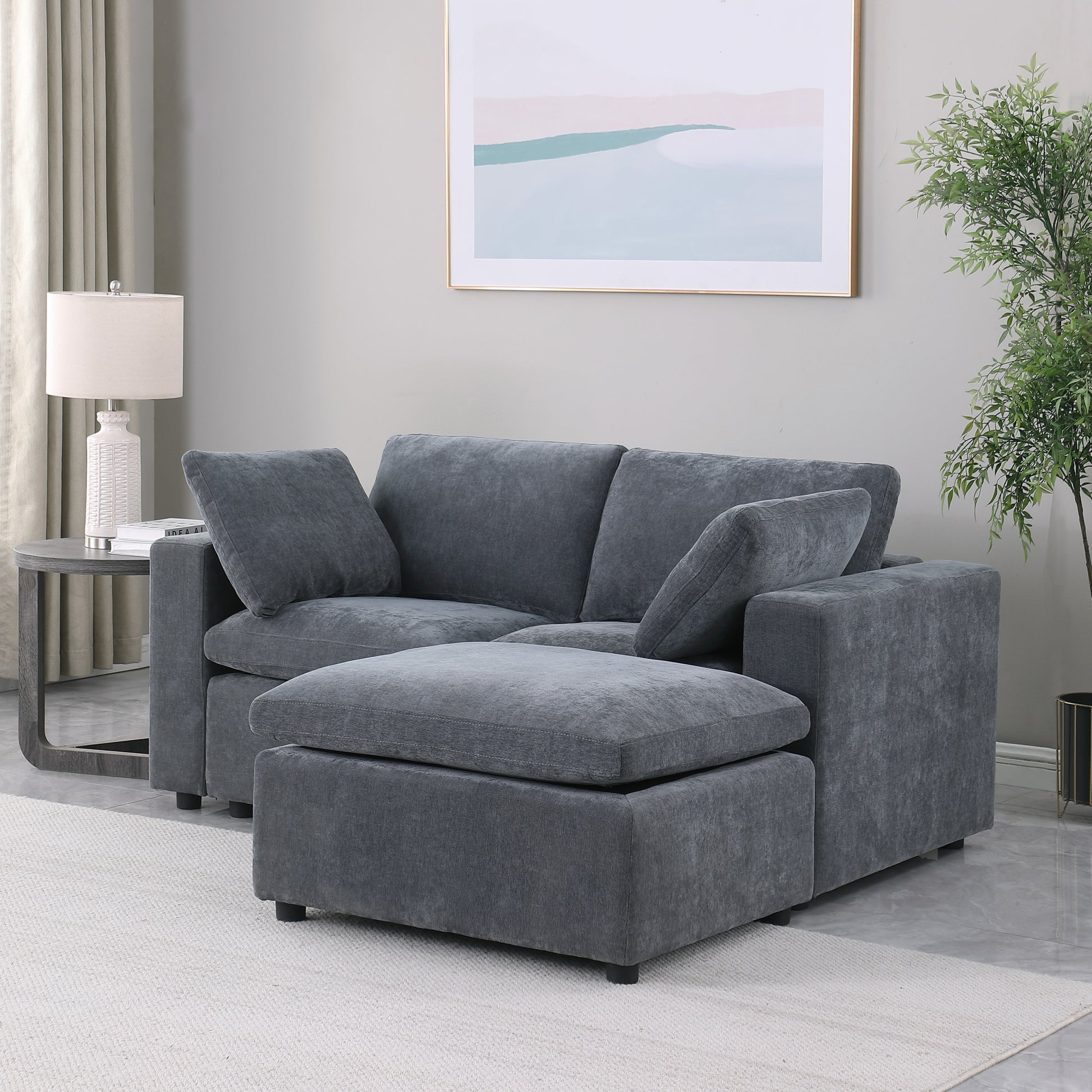 68.5" Loveseat Sofa With Ottoman Modular Sectional Beautiful Seat Couch Small L Shaped Upholstered Couch For Living Room Apartment Small Space, Chenille Grey Grey Fabric 3 Seat