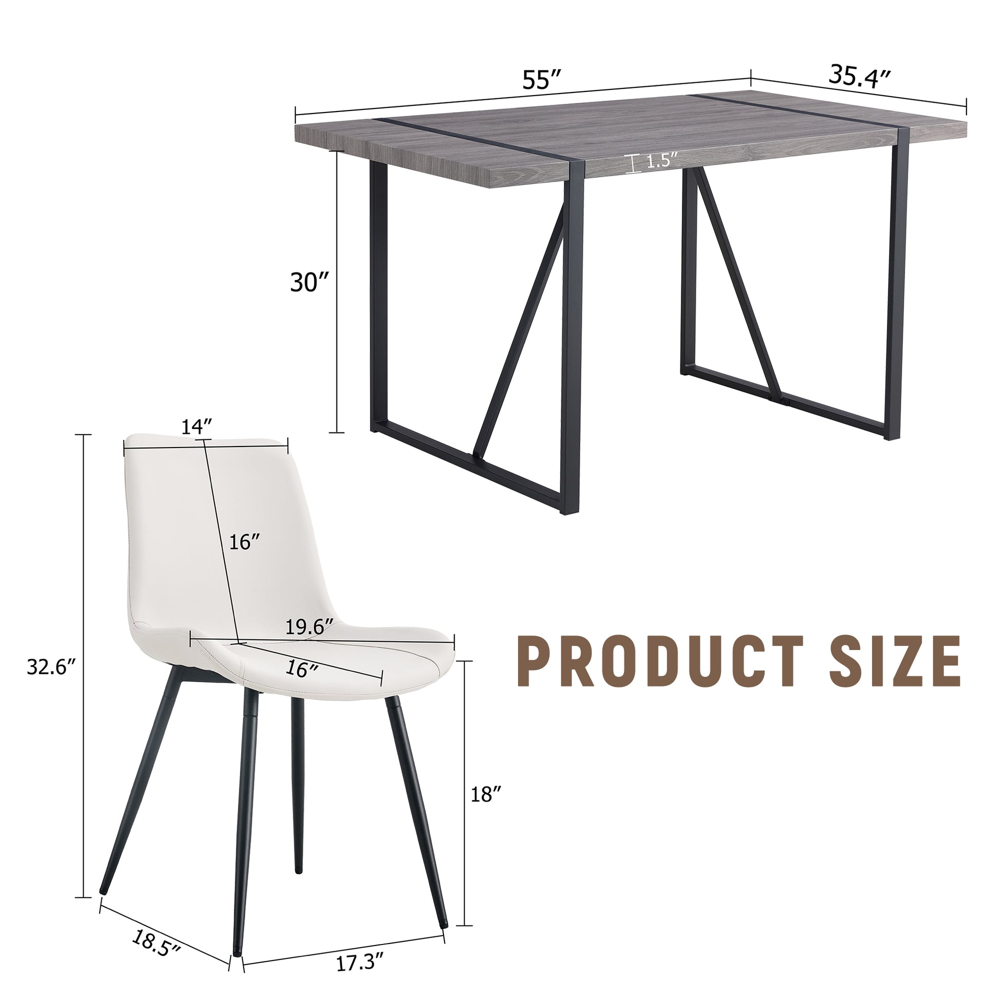 Table And Chair Set, Textured Top In Vintage Retro Grey Wood Grain Desktop, Black Metal Legs. Dining Chair With White Faux Leather Backrest Cushion With Black Metal Legs. Gray,Wood Seats 4 Mdf Metal