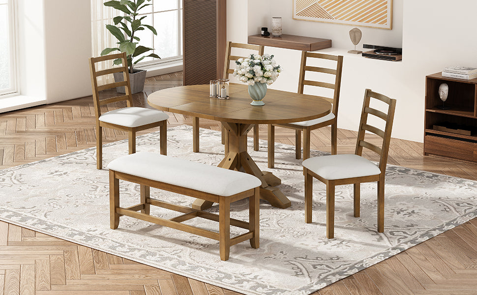 Farmhouse 6 Piece 60Inch Extendable Pedestal Dining Table Set With 18Inch Removable Leaf, 44Inch Bench And 4 Ladder Back Dining Chairs, Dark Brown Wood Dining Room Solid Wood Rubberwood Oval Dining Table With Bench Wood Wood Dark Brown Ladder Back Seats