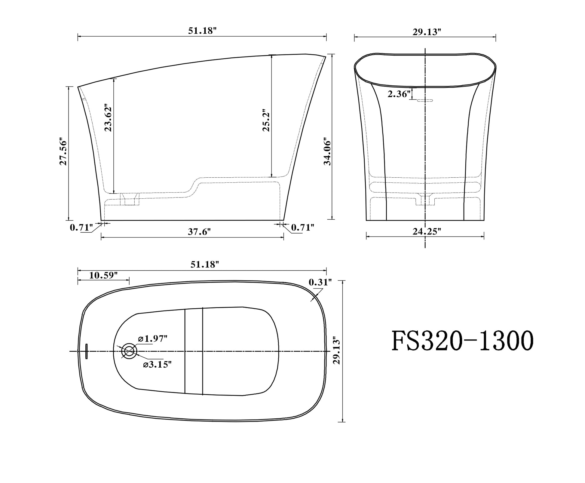 51" Solid Surface Soaking Bathtub Matte White Freestanding Tubs Matte Center Front Solid Surface