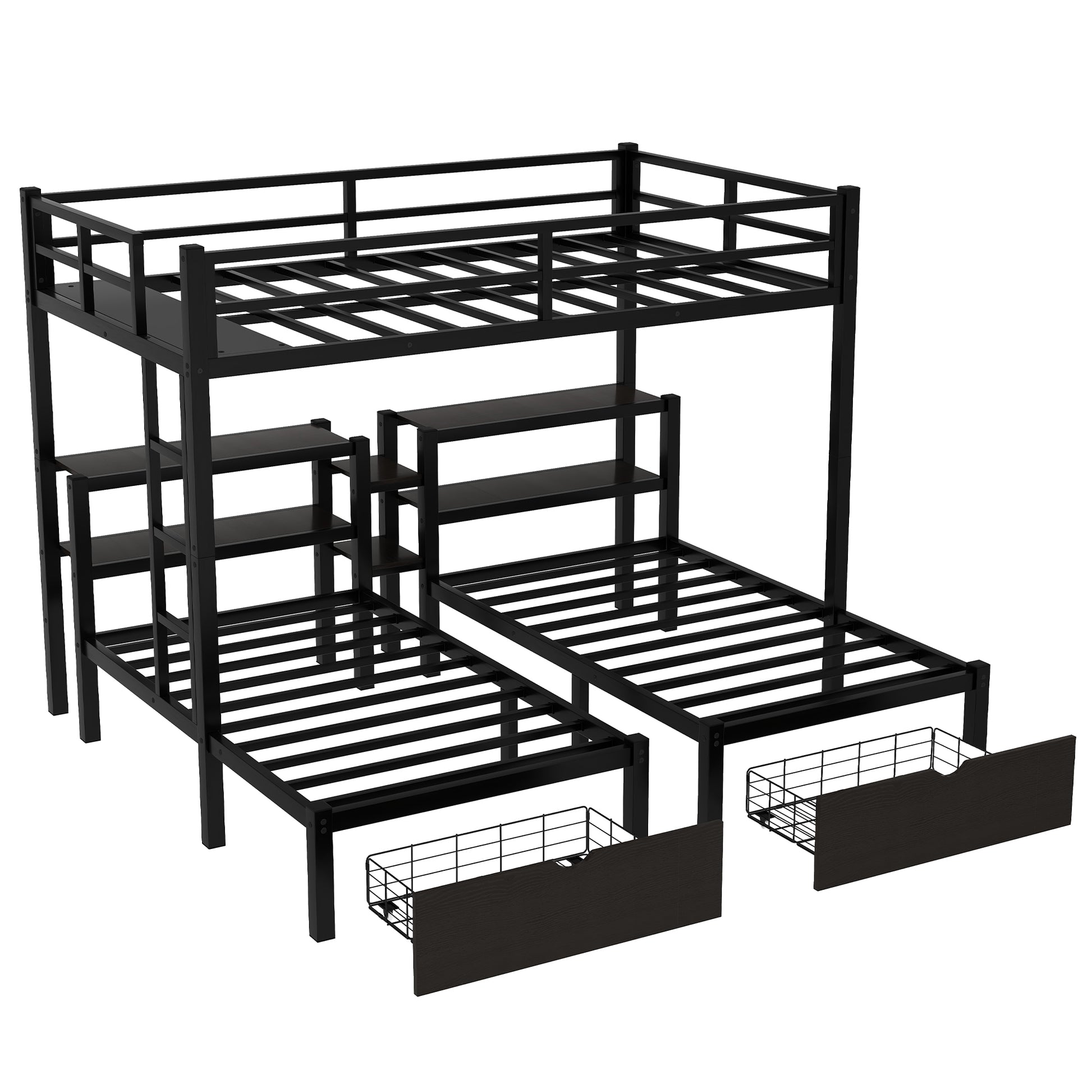 Full Xl Over Twin & Twin Triple Bunk Bed With Drawers,Multi Functional Metal Frame Bed, Bed Head With Shelving, Black Full Xl Black Metal