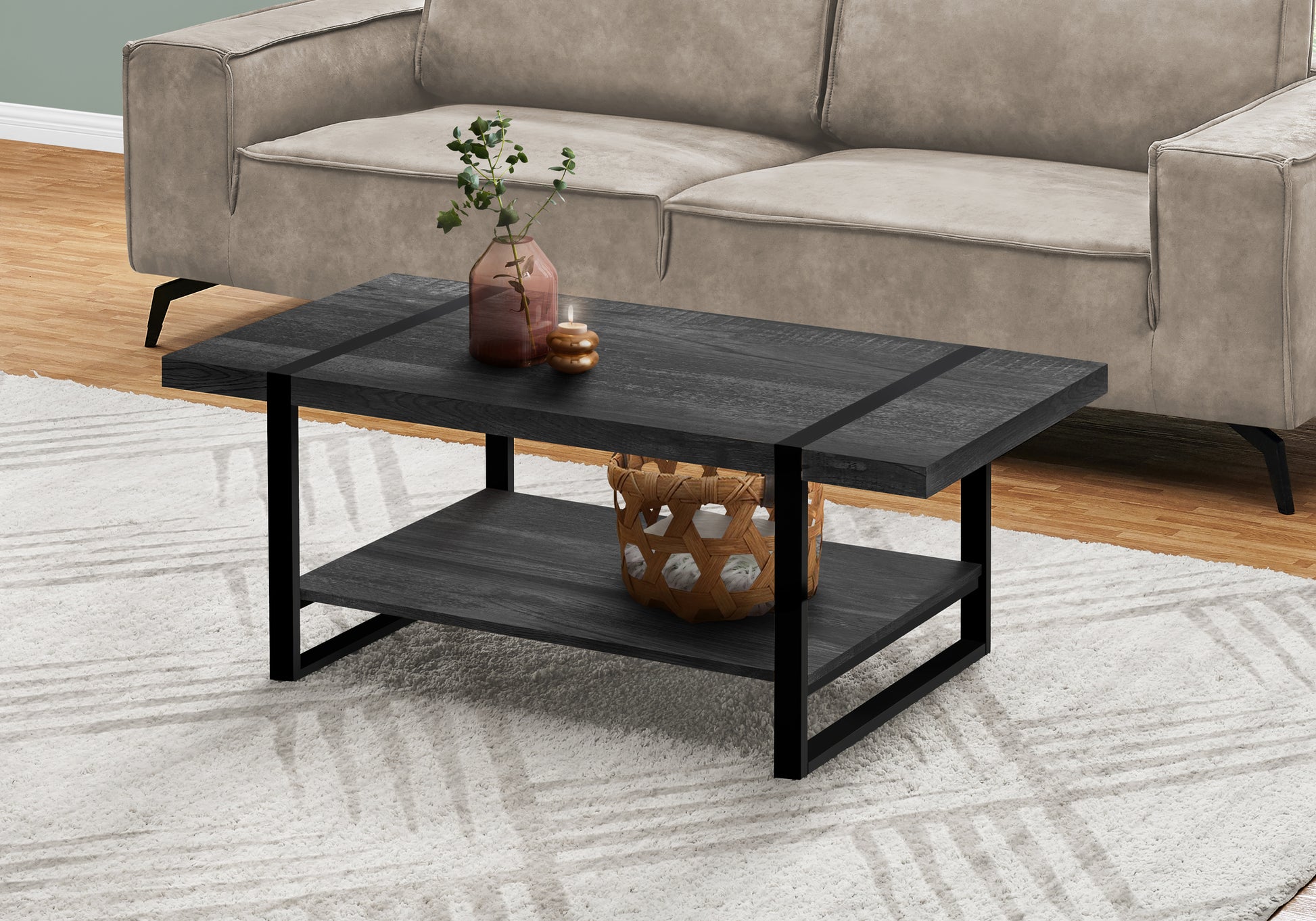 Coffee Table, Accent, Cocktail, Rectangular, Living Room, 48"L, Black Laminate, Black Metal, Contemporary, Modern Black Mdf