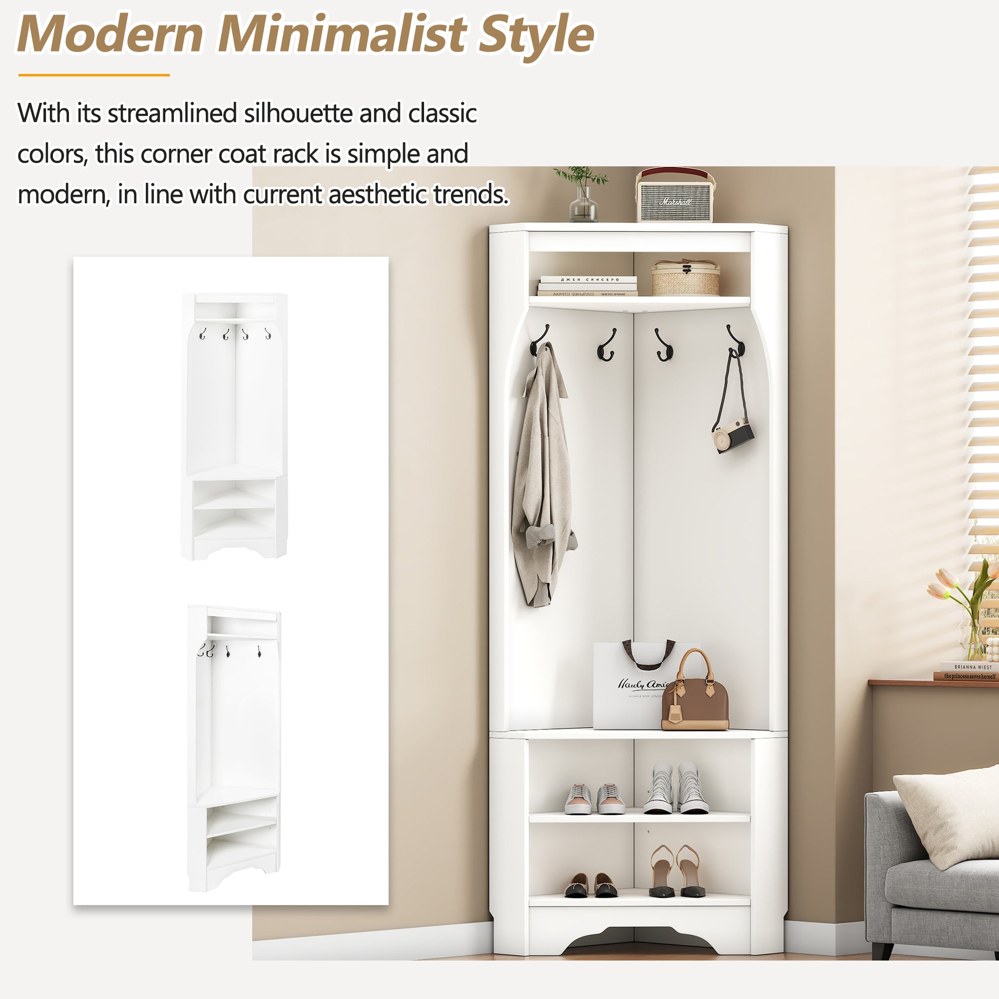 Minimalist Corner Hall Tree With Shoe Bench, Versatile Entryway Coat Rack With 4 Hooks, Corner Cabinet With Adjustable Shelf For Hallway, Living Room, White, 29.5''W*71.6''H White Particle Board