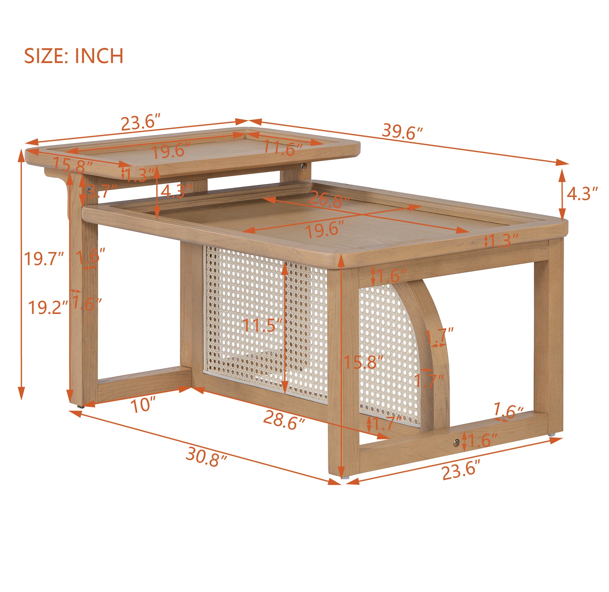 Modern 2 Piece Nesting Rattan Wood Mdf Coffee Table Set In Natural Natural Rubber Wood