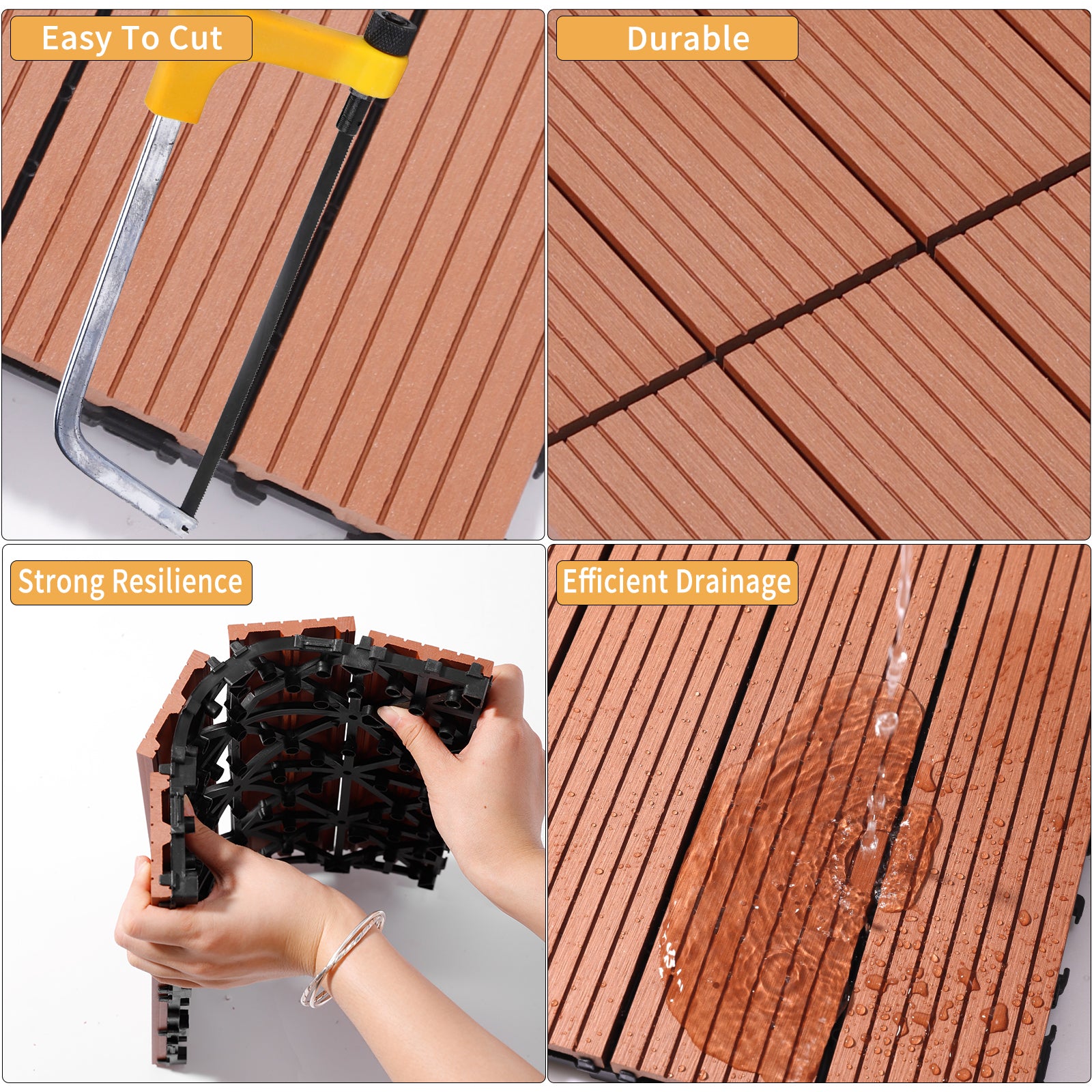 Wood Plastic Composite Deck Tiles Set Of 20, Sustainable Fsc Composite Decking Resist Rust, Water, Weather, Easy To Diy & Maintain, Ideal For Patios, Balconies, Rooftops, Mahogany Colour Mahogany Wood Plastic