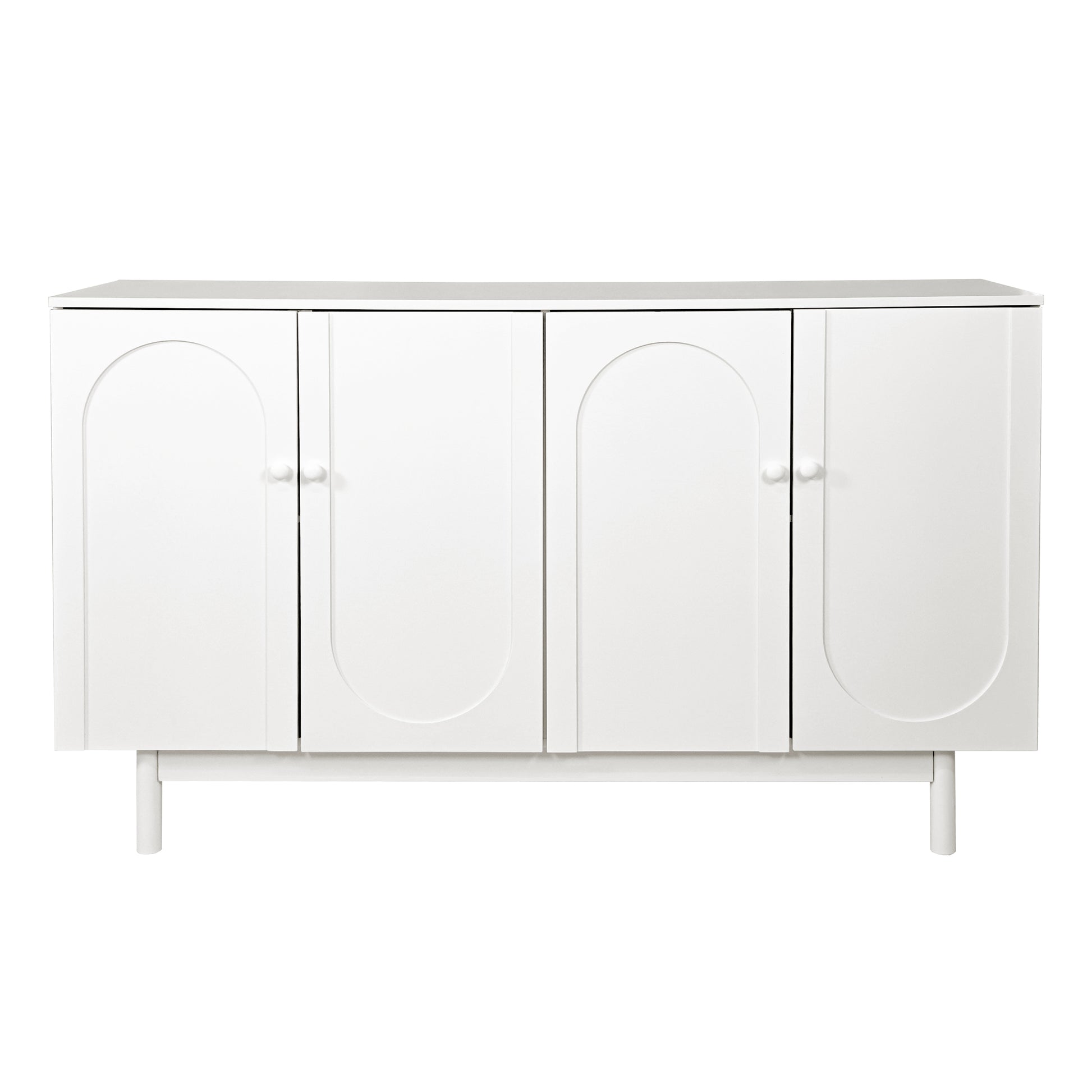 Stylish And Functional 4 Door Intaglio Storage Cabinet With Pine Legs, Solid Wood Pulls And Mdf, For Living Room Bedroom,And Kitchen,White White Mdf