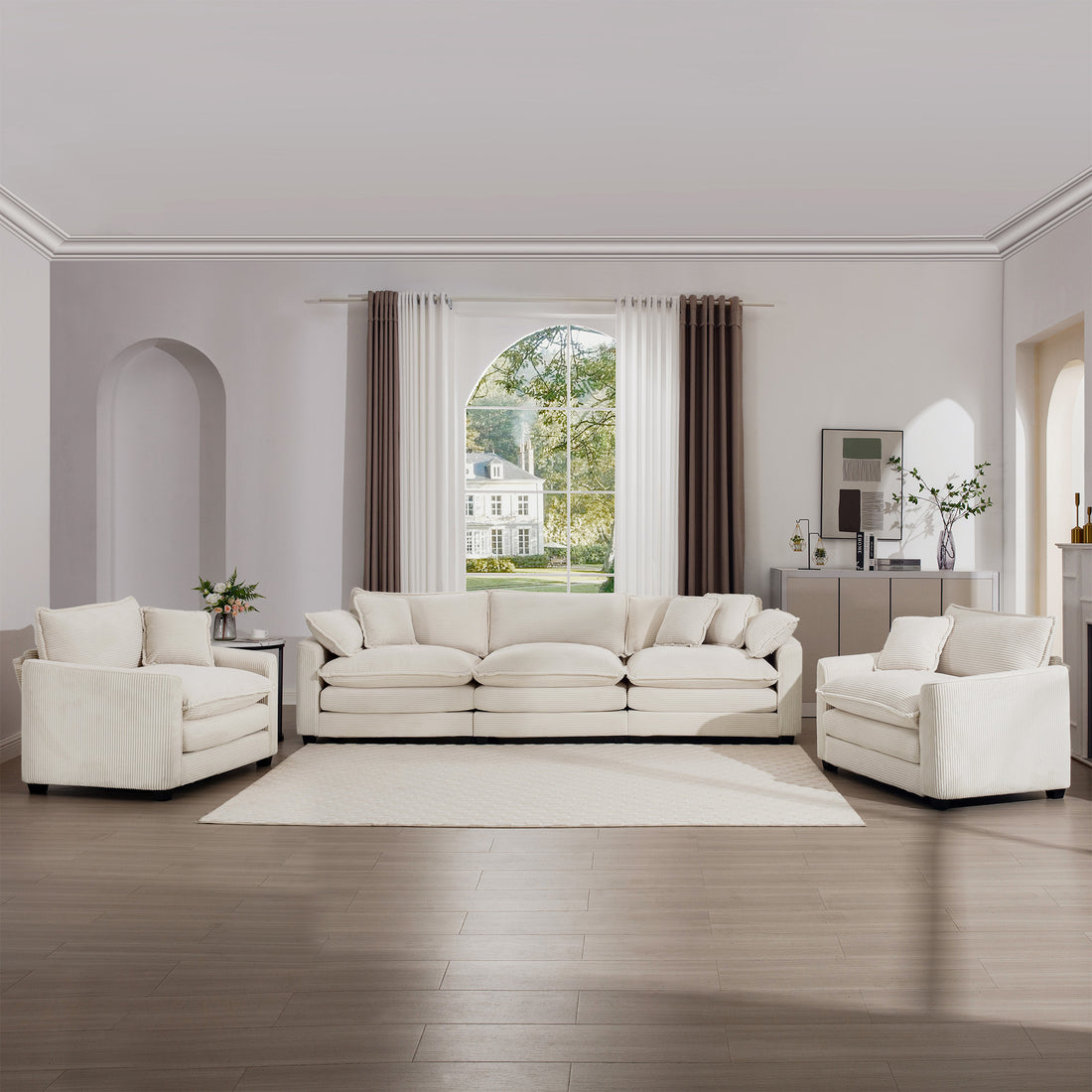 Luxurious And Sophisticated Sofa Set With Soft Cushions And Pillows, 3 Pieces Sofa Set Consisting Of Two Single Sofas And A 3 Seater Sofa In Light Beige Corduroy Fabric Beige Corduroy 5 Seat