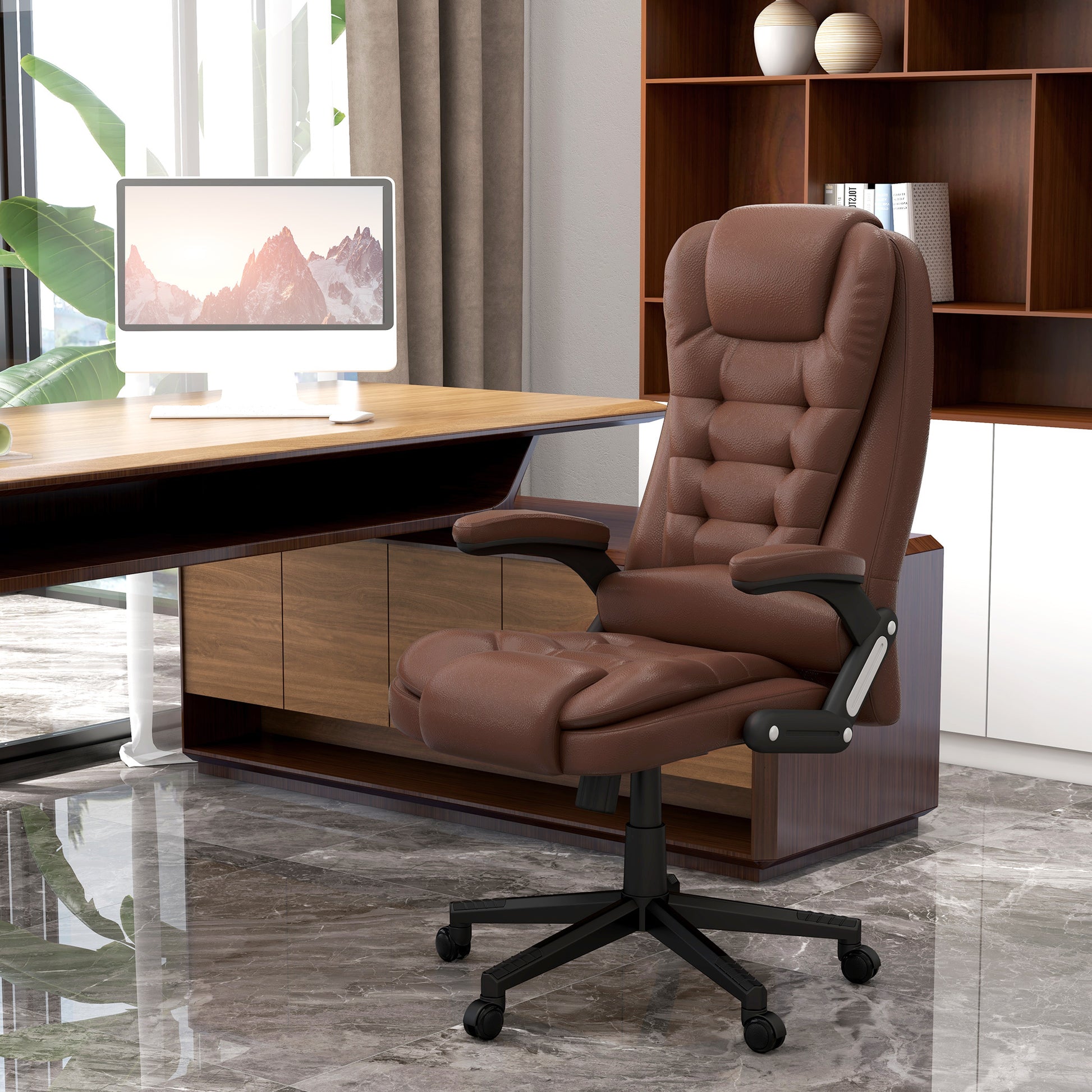 Homcom High Back Vibration Massage Office Chair With 6 Vibration Points, Heated Reclining Pu Leather Computer Chair With Armrest And Remote, Brown Brown Pu