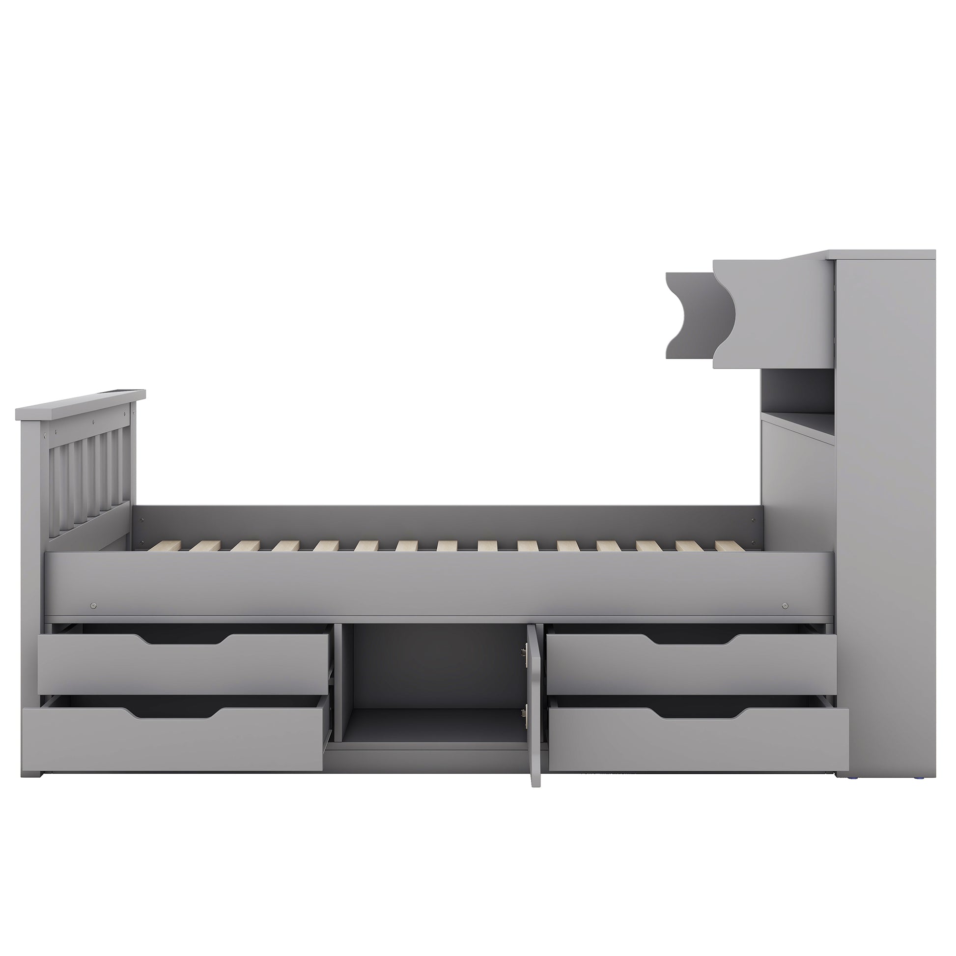 Twin Size Captain Platform Bed Frame With Storage Bookcases And Shelves,Four Drawers, Gray Twin Gray Solid Wood Mdf