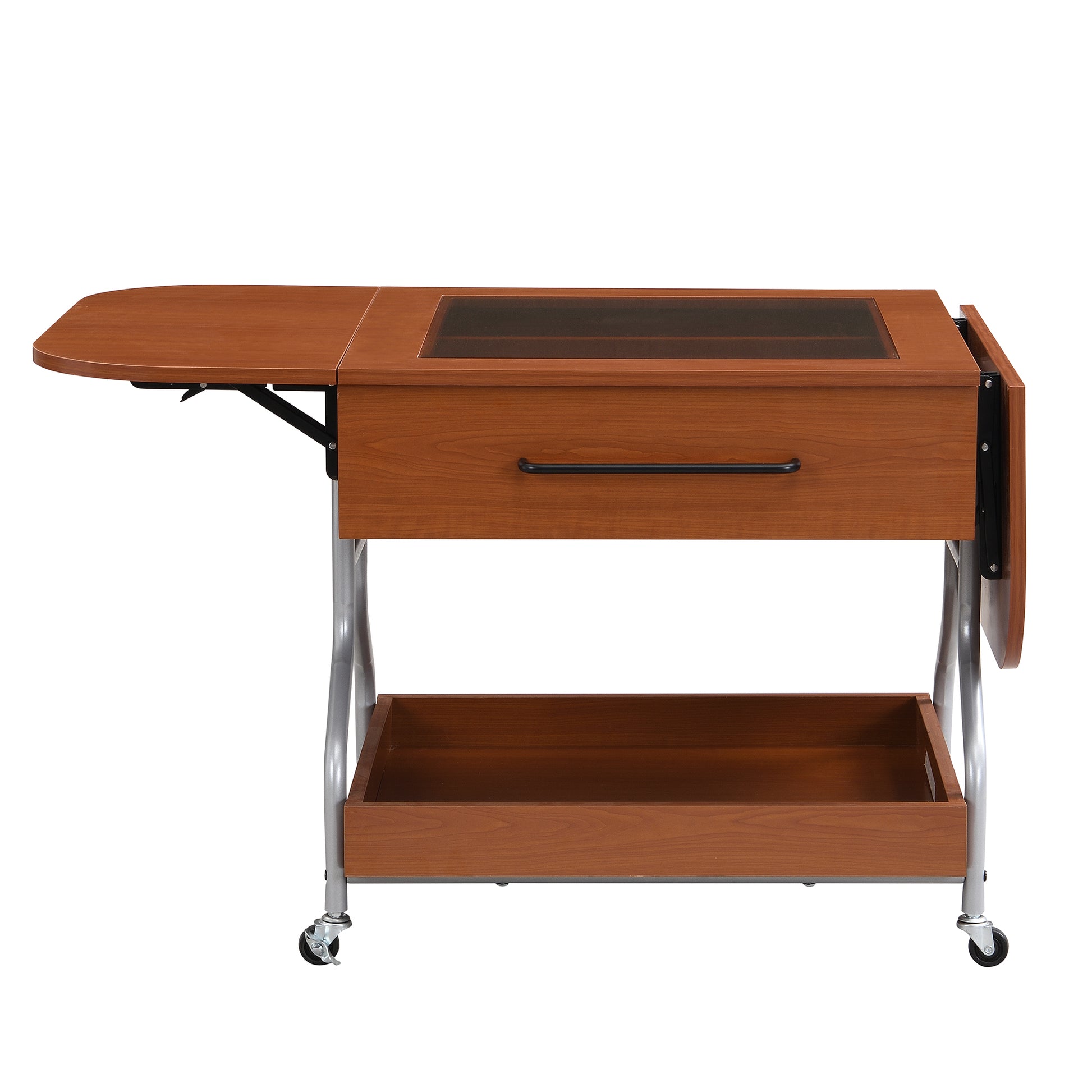 Modern Extended Coffee Table With Wheels, Folding Coffee Table With 1 Drawer And 2 Tier Storage, Metal Frame Coffee Table For Living Room Mahogany Glass,Mdf Metal