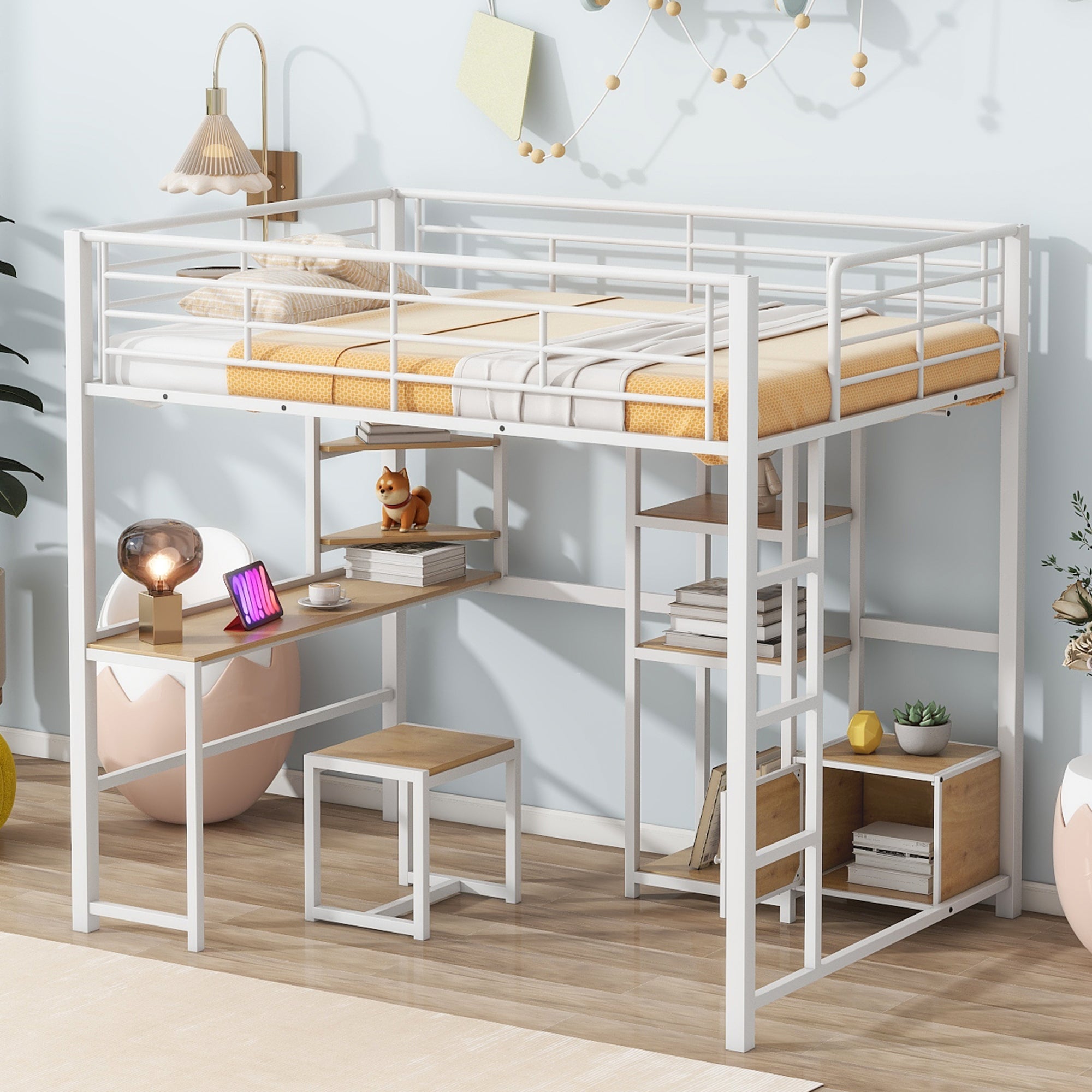 Full Size Loft Bed With Desk And Stool, Metal Loft Bed With Open Style Wardrobe, Shelves And Cabinet, White Full White Metal & Wood