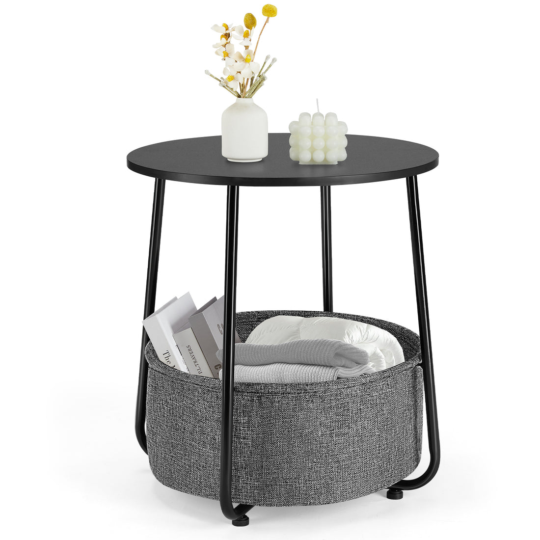 Small Round Side End Table For Living Room, Modern Nightstand Bedside Table With Fabric Basket For Bedroom Nursery, Side Table With Steel Frame Black & Grey Grey Stainless Steel