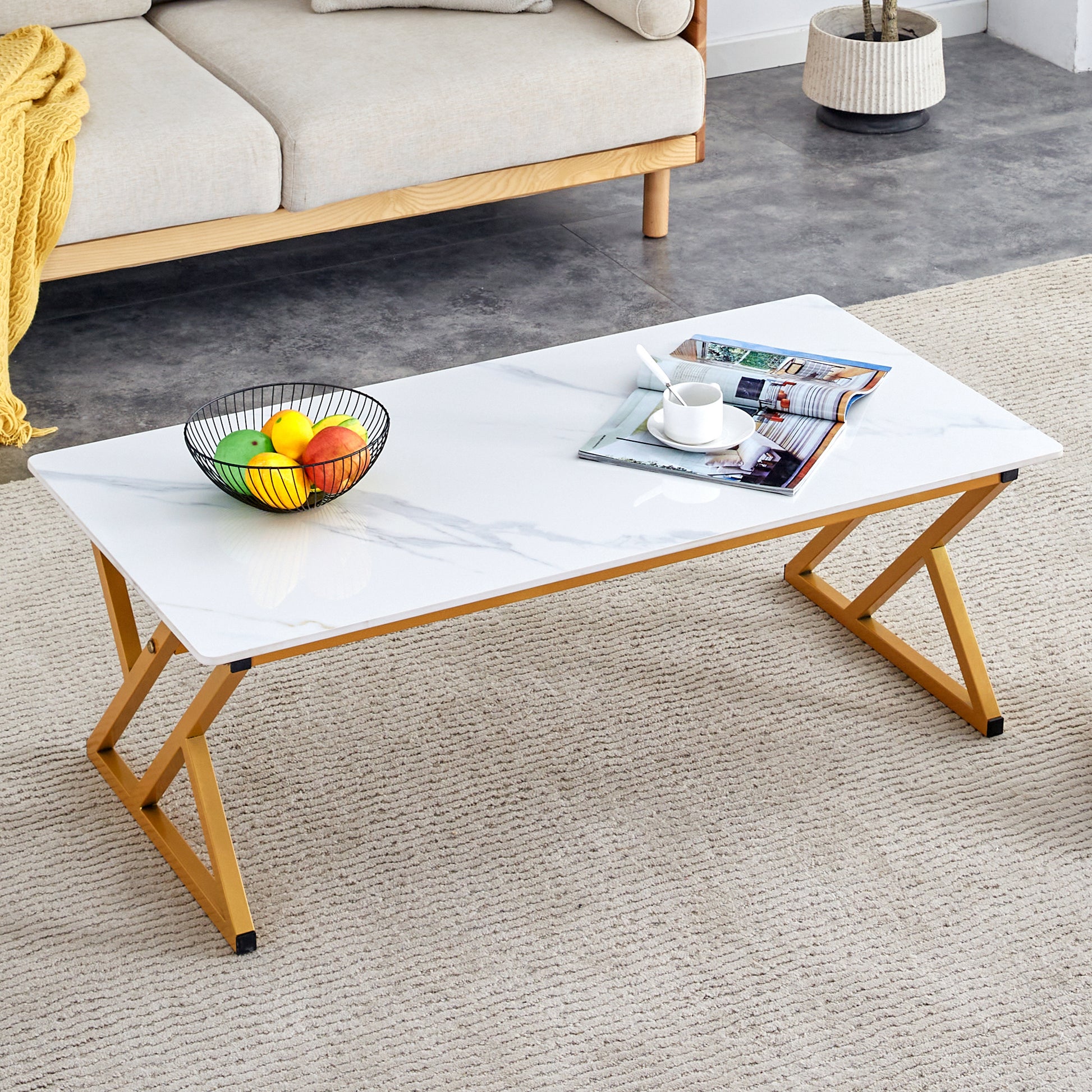 0.4Inch Thick White Marble Patterned Rock Table, Easy To Clean, Paired With Golden Metal Legs, Sturdy And Durable. Large Size Can Meet Various Needs.Can Be Used As A Dining Table, Coffee Table.47*23.6 White Sintered Stone