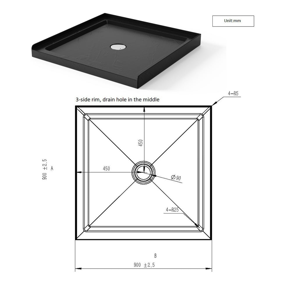 Goodyo 36"X36" Shower Base 3.5" Height Anti Slip Acrylic Center Drain Single Threshold Shower Base In Slate Black Black Abs