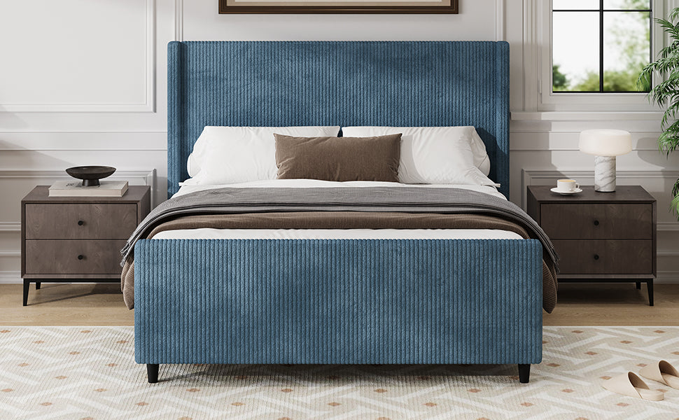 50.7'' High Headboard Corduroy Upholstered Bed Frame With Vertical Stripe Wingback And High Footboard No Box Spring Needed, Queen Size, Blue Box Spring Not Required Queen Blue Wood Bedroom Modern Bed Frame Wood