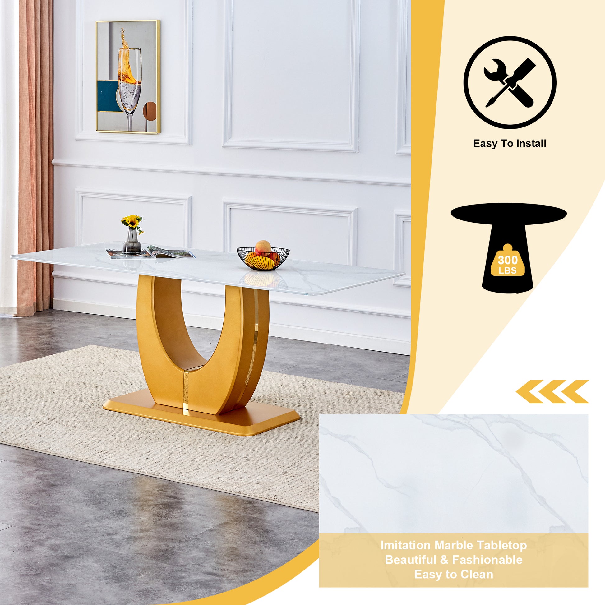 Table And Chair Set, Modern Minimalism And Luxurious White Rectangular Pattern Dining Table. Soft And Comfortable Dining Chairs For Dining Rooms, Living Rooms, Terraces And Kitchens. White Seats 6 Mdf Glass