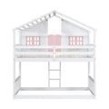 Twin Over Twin House Bunk Bed With Roofwindow, Window Box, Doorwith Safety Guardrails And Ladder, Pink White Twin Pink White Pine