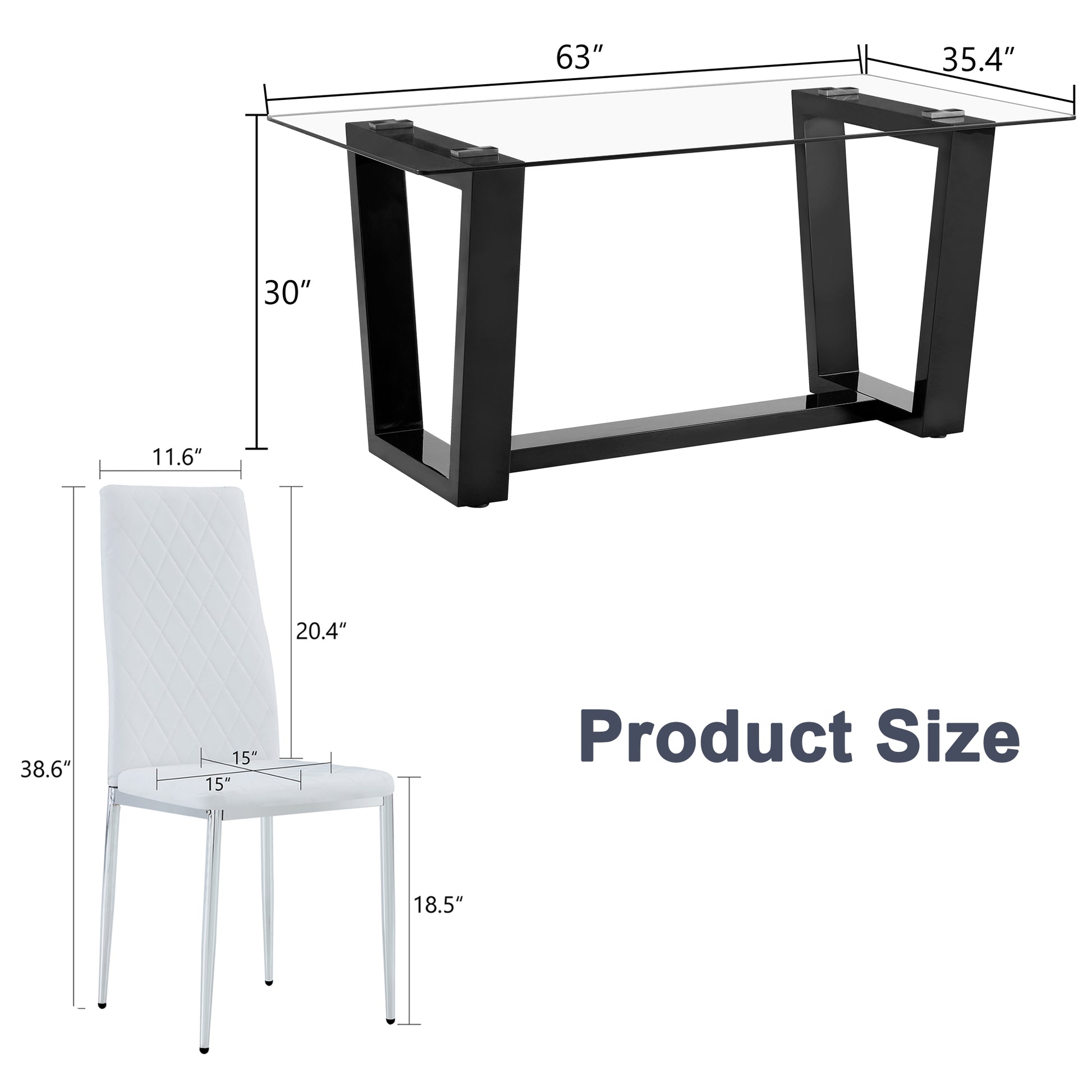 Table And Chair Set.A Rectangular Dining Table Features With Tempered Glass Top And Sleek Black Mdf Stand.Paried With 6 Pu Chairs With Checkered Armless High Back And Electroplated Metal Legs. Transparent,White Seats 6 Mdf Glass