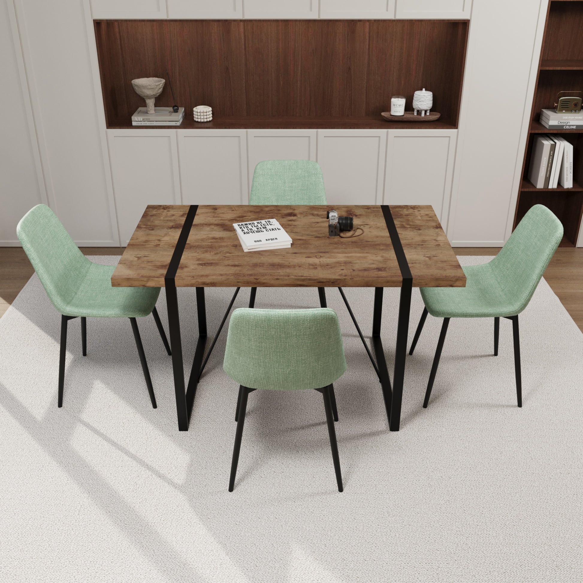 Mdf Dark Wood Dining Table And Modern Dining Chair 4 Piece Set, Medieval Wooden Kitchen Dining Table Set, Rectangular Metal Base, Dining Table And Suede Chair Brown Green Mdf