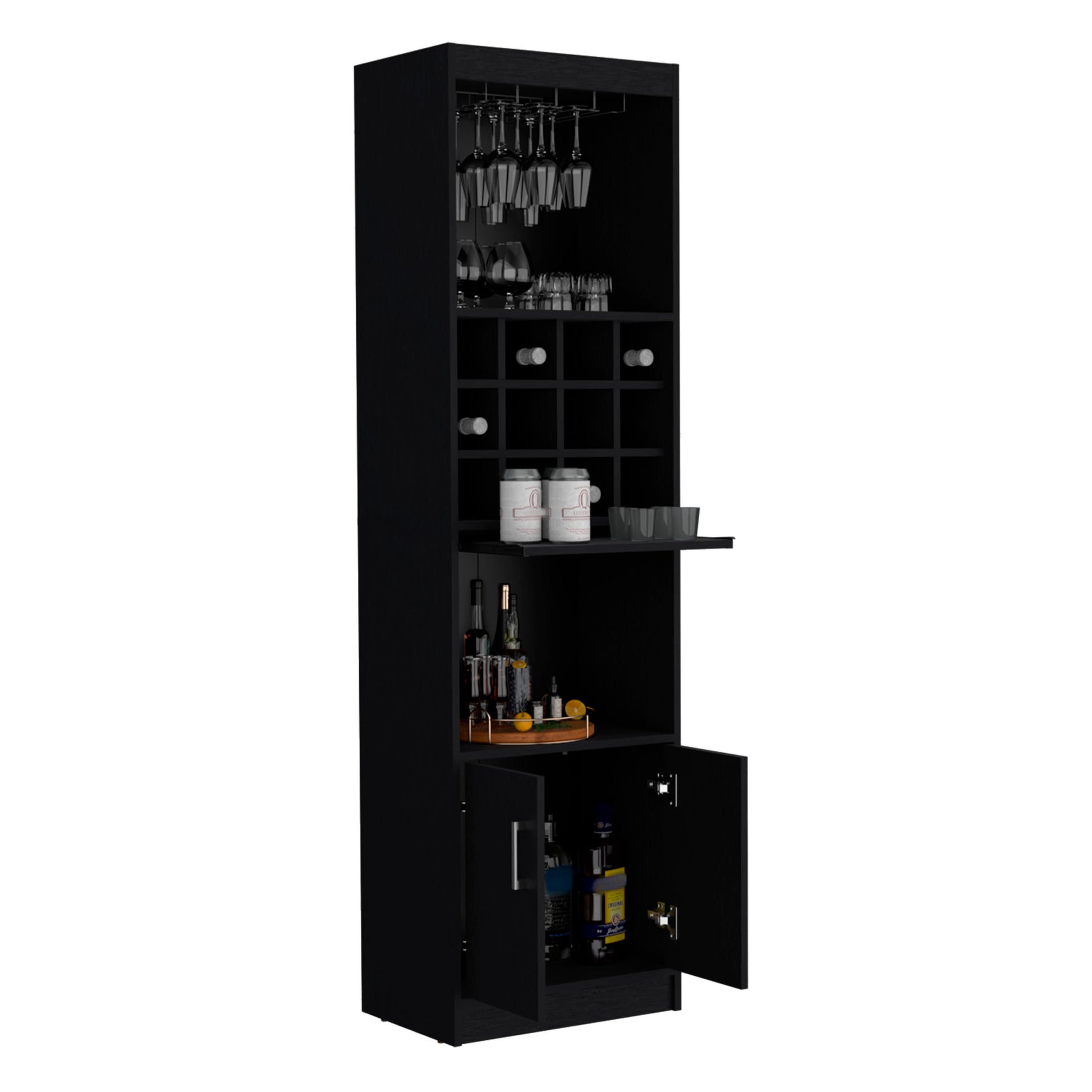 Kevil 71 Inch Tall Bar Cabinet 5 Tier Modern Bar Cabinet With Glass Holder Stemware Rack, Wine Cabinet, Liquor Cabinet, 12 Bottle Cubbies, 5 Shelves, And Pull Out Tray Black Primary Living Space Modern Particle Board Shelves Included Engineered Wood