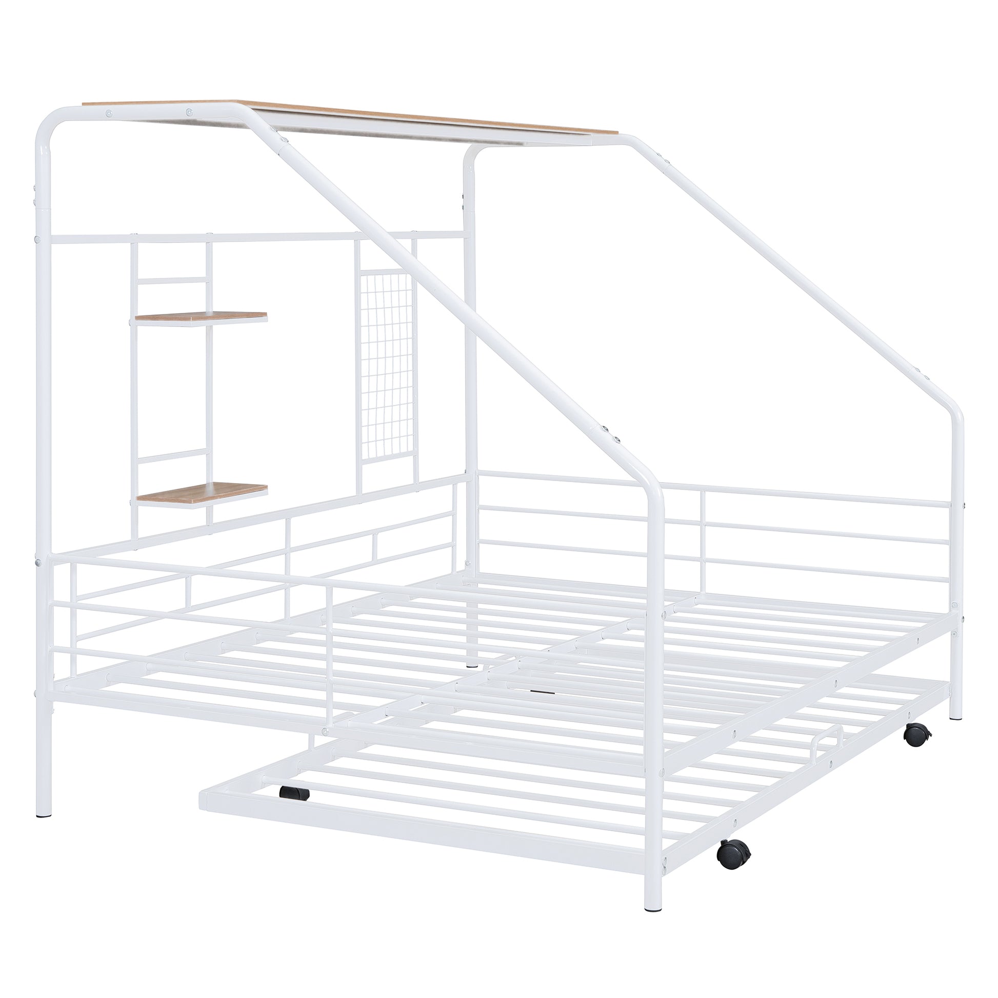 Full Size Metal House Bed With Trundle, White Full White Metal