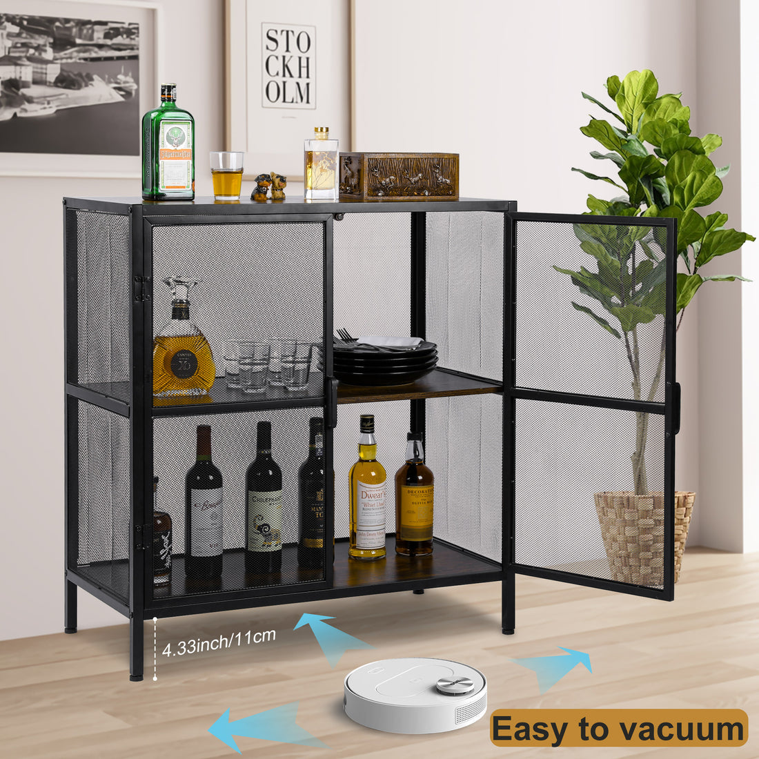 Sideboard Buffet Kitchen Storage Cabinet With Mesh Doors And Shelves, Wine Liquor Cabinet, Cupboard Console Table, 31.5W X 15.75D X 34.3H, Black Antique Antique Black Metal & Wood